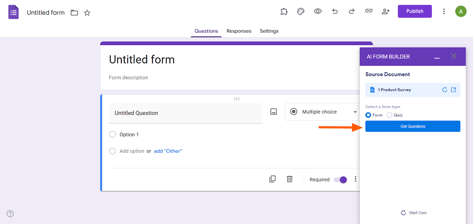 AI Form Builder Get Questions button