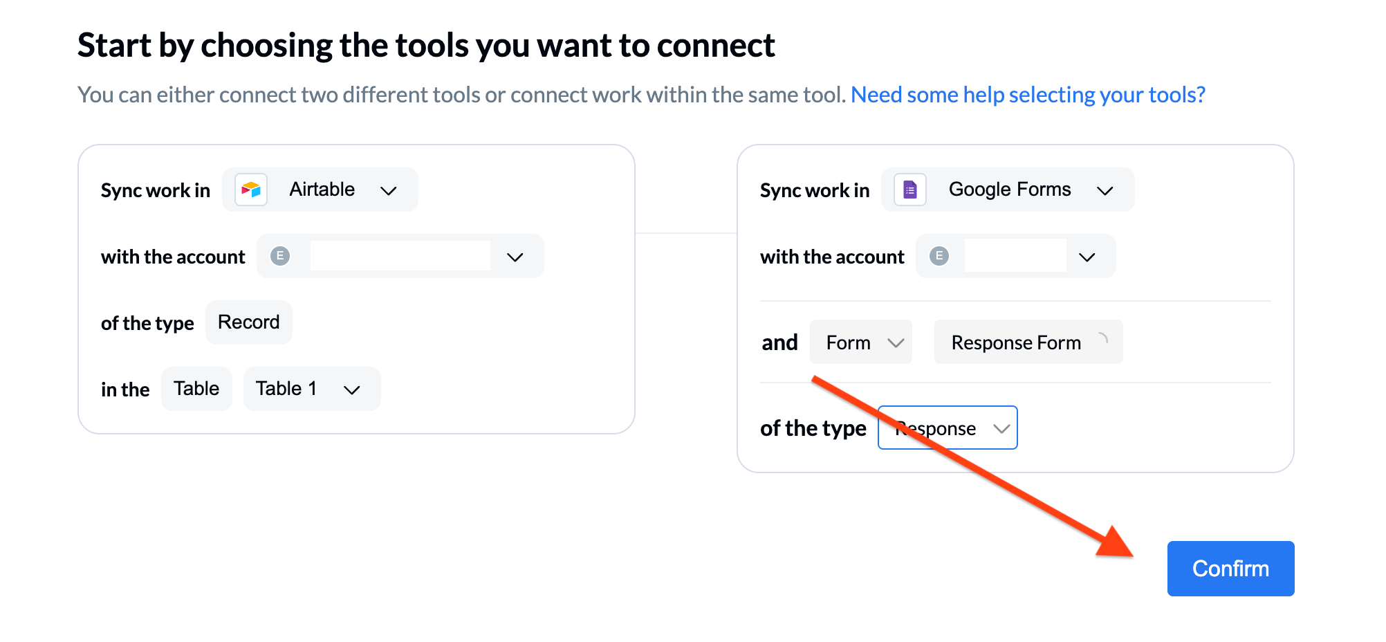 Unito interface showing how to select the accounts and fields for the connection, and an arrow pointing to the "Confirm" button