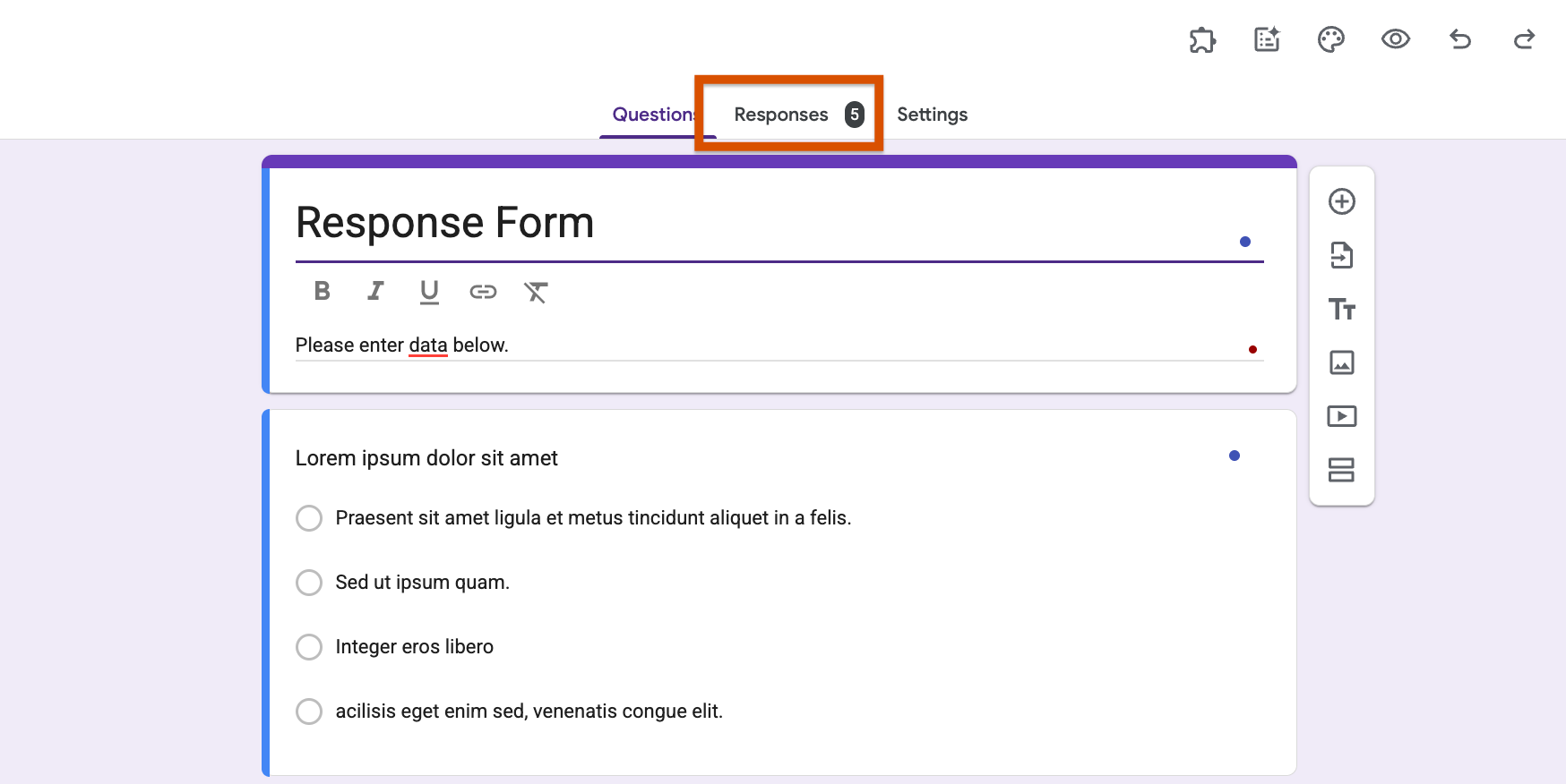Google Forms interface with the Responses tab highlighted
