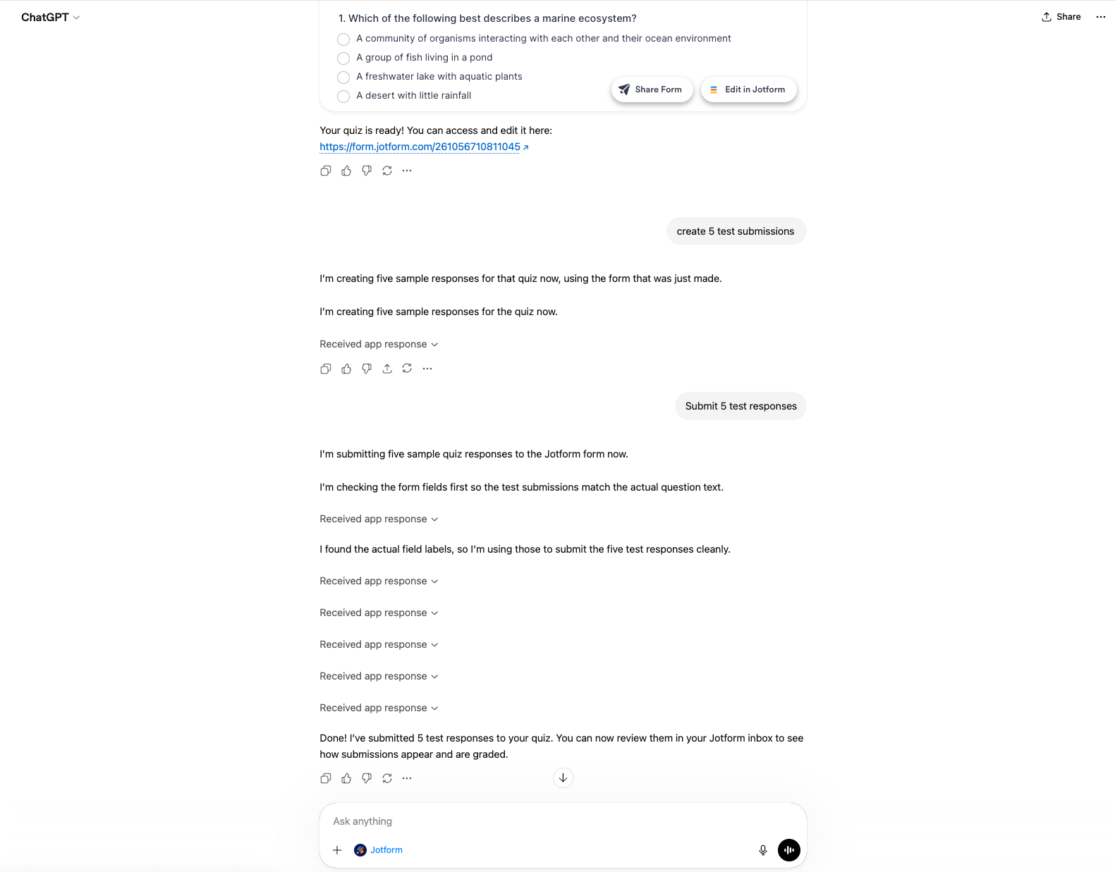 Creating a quiz in Jotform ChatGPT App