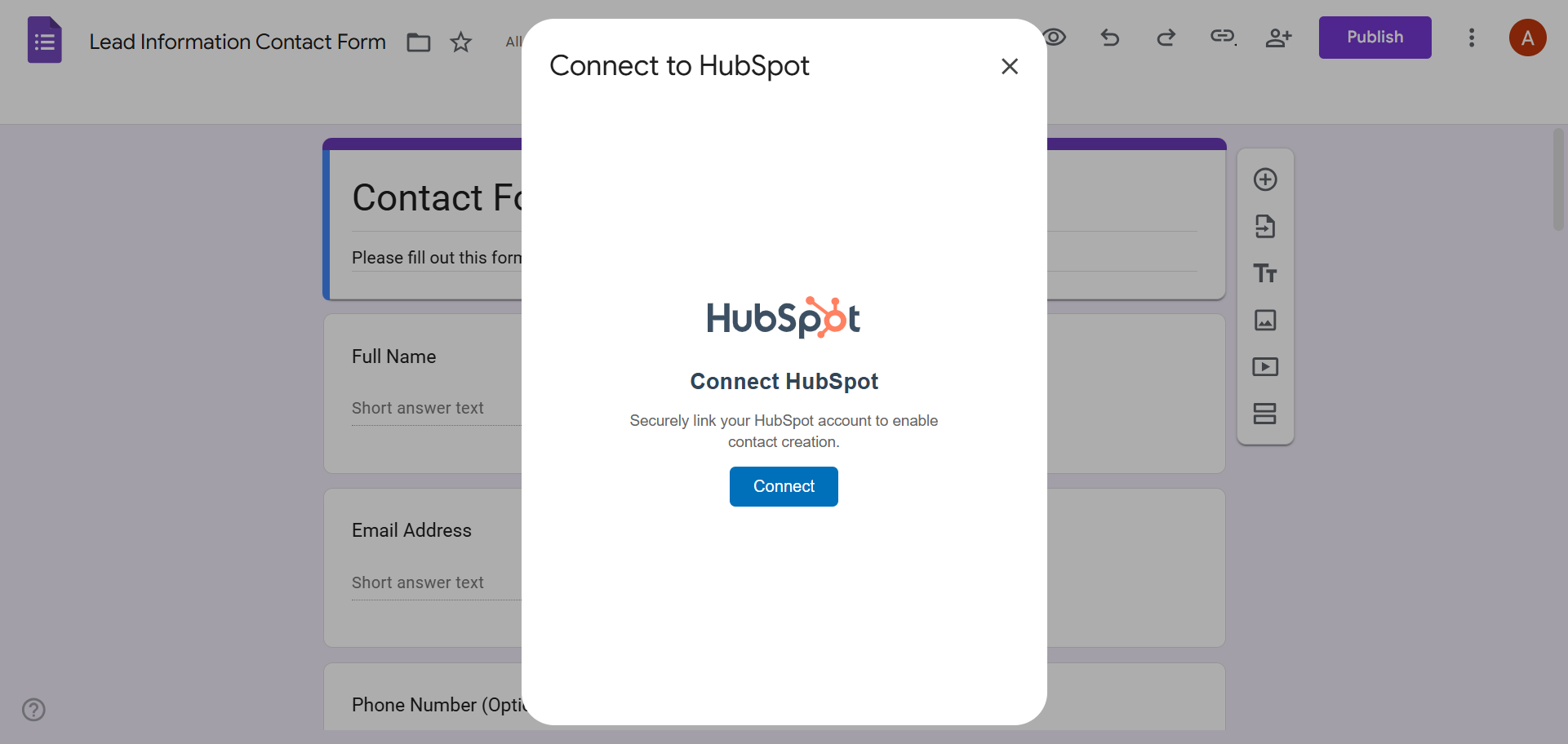 Google Forms Form to Hubspot Contacts Add-on Hubspot Conntection