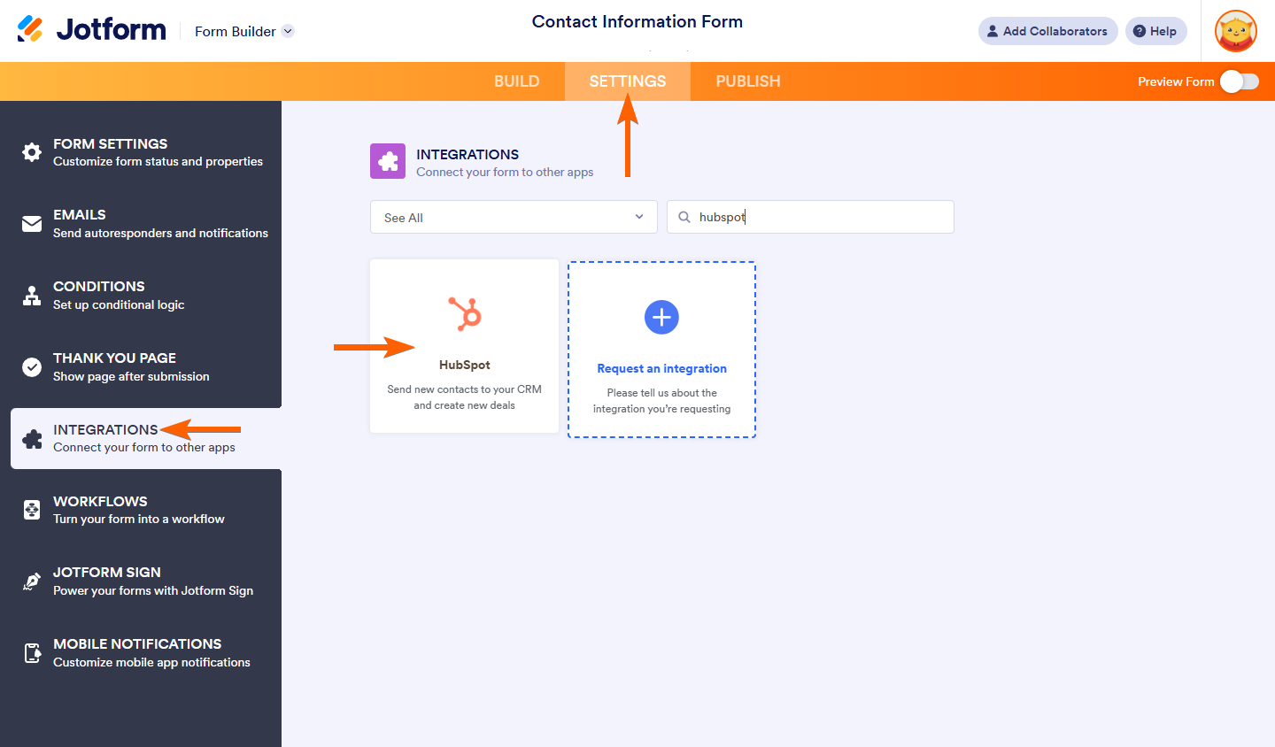 HubSpot in the Integrations Settings tab of Jotform Form Builder