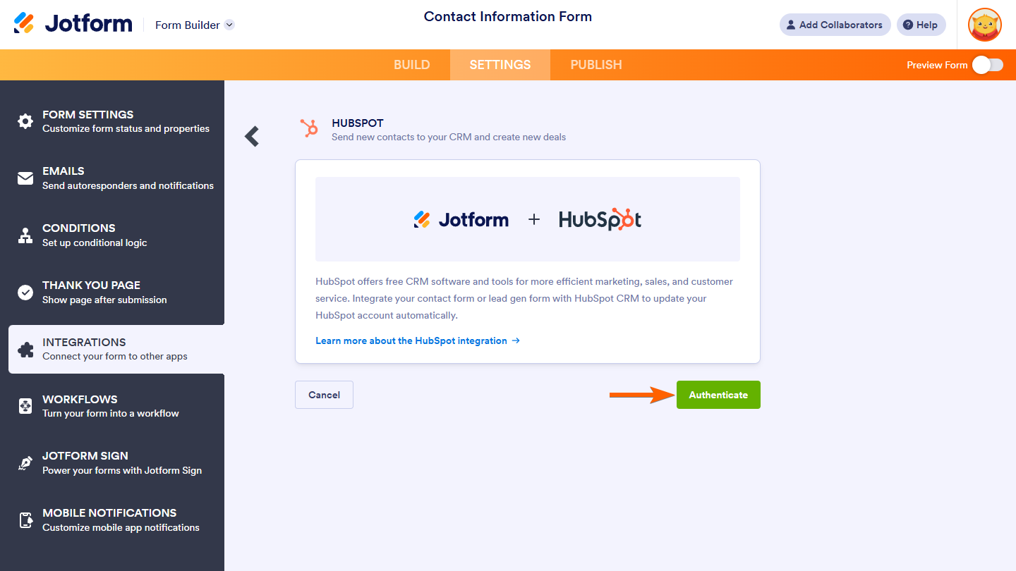 Authenticate button of HubSpot Integration in Jotform Form Builder