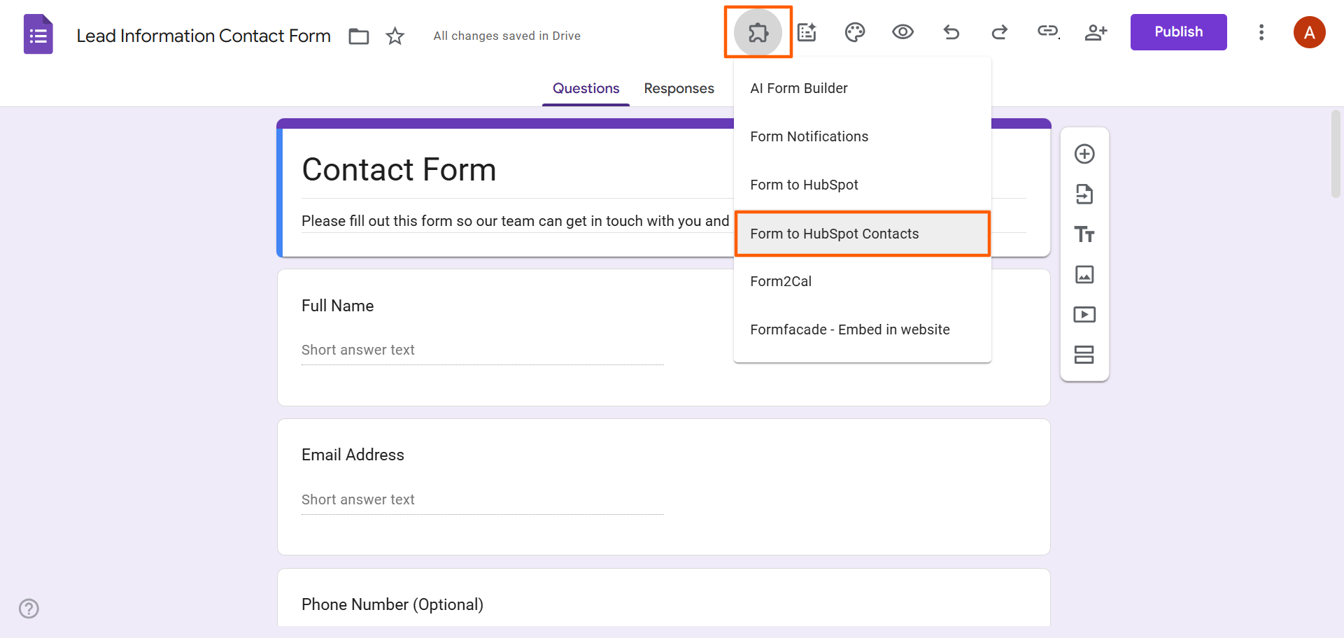 Google Forms Add-ons menu Form to Hubspot Contacts Add-on