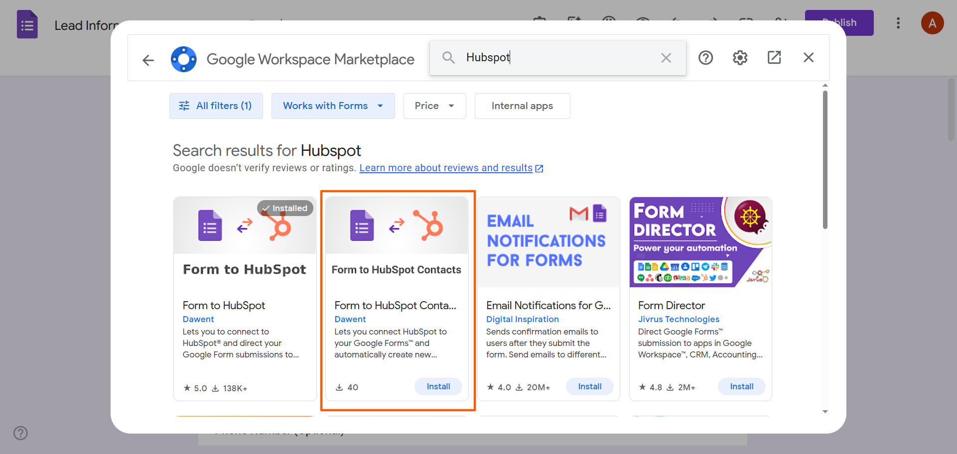 Google Workspace Marketplace Hubspot Search