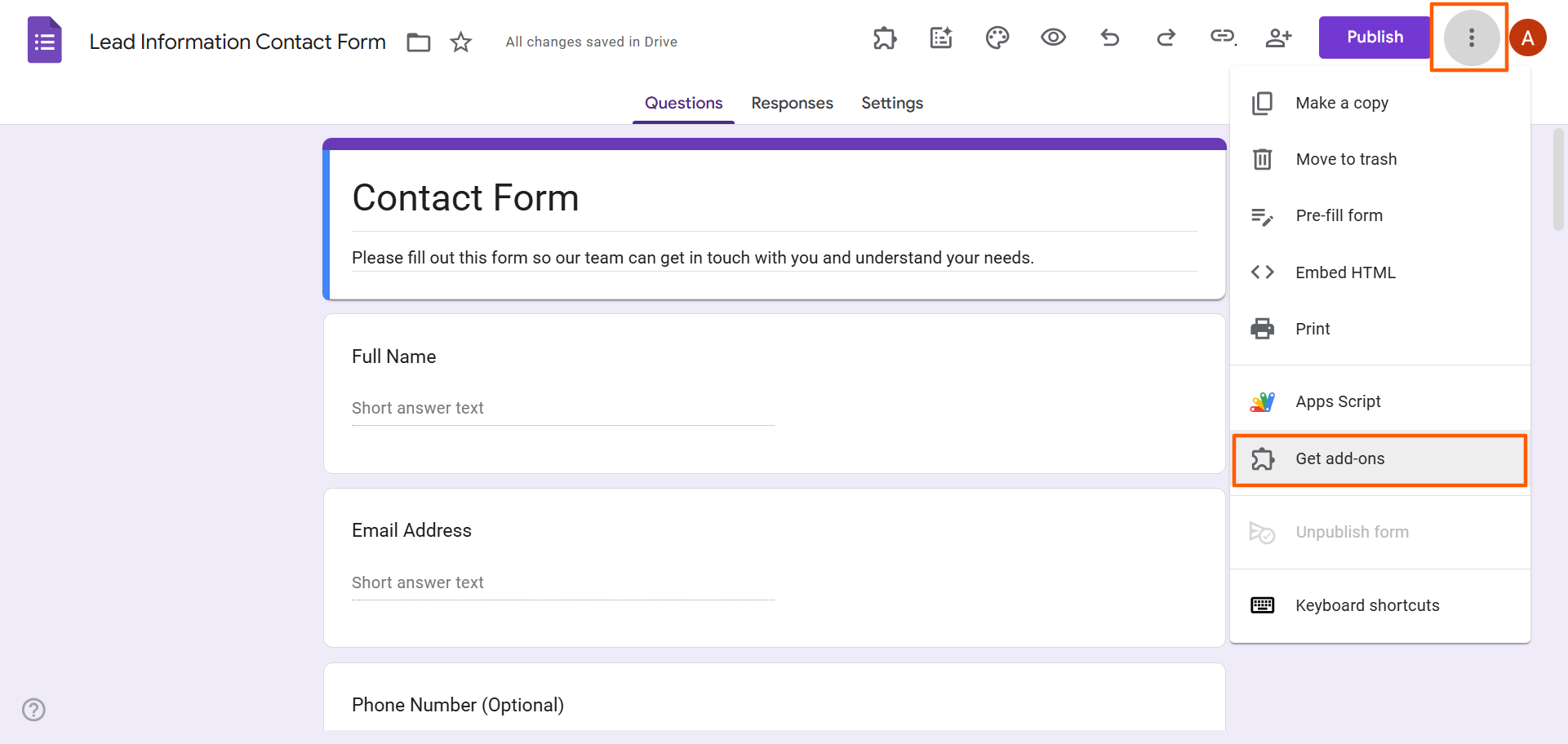 Google Forms Three-Dots menu Get Add-ons Button
