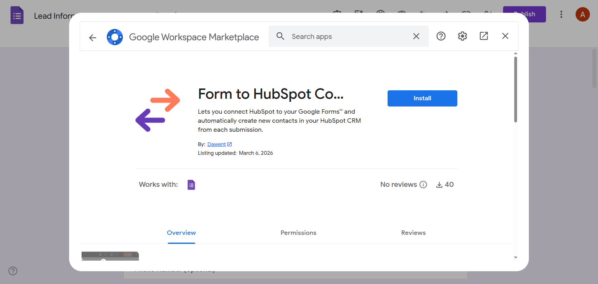 Google Workspace Marketplace Form to Hubspot Add-on