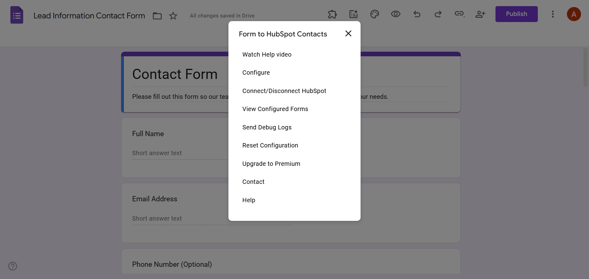 Google Forms Form to Hubspot Contacts Add-on Menu Interface