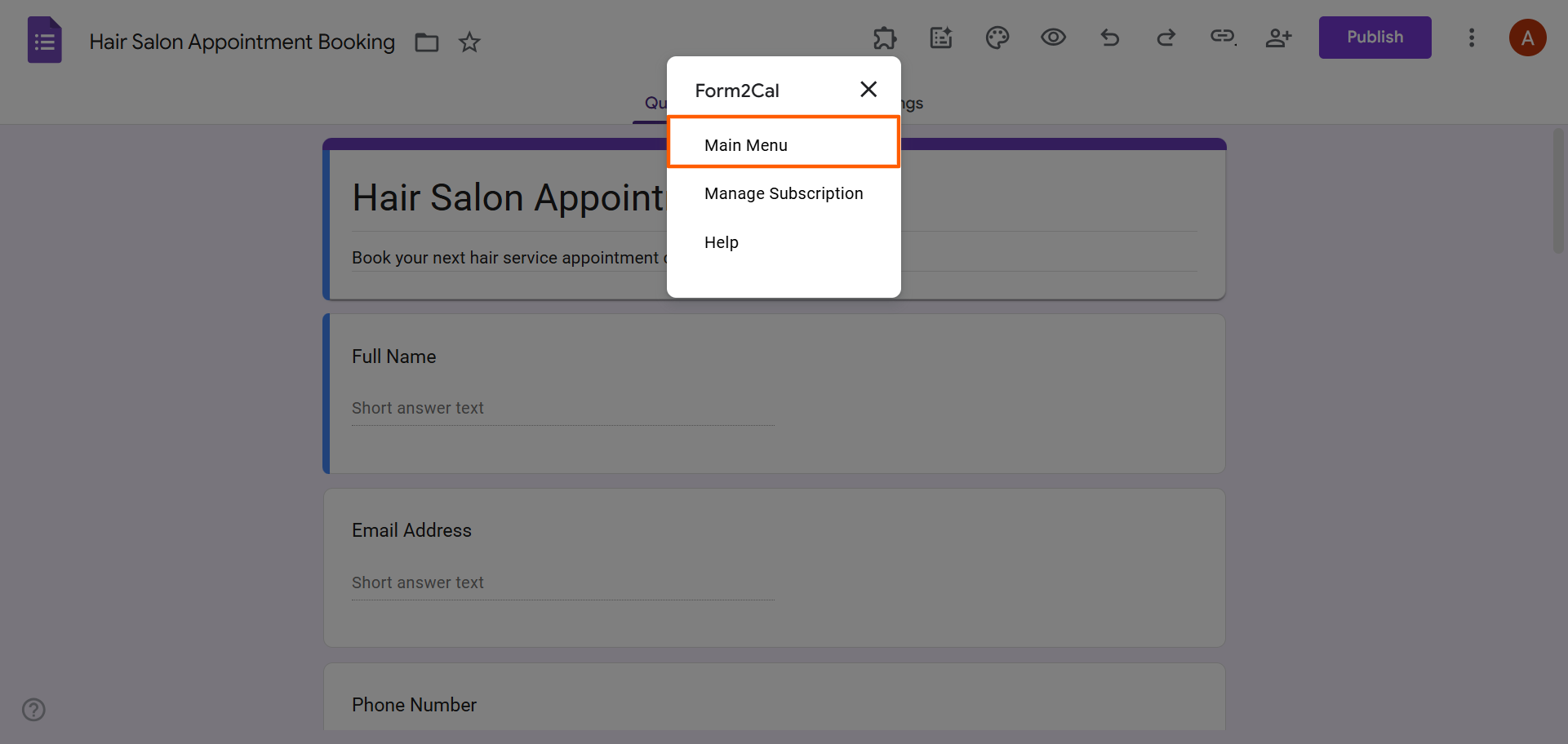 Google Forms interface with "Main Menu" highlighted in the Form2Cal options