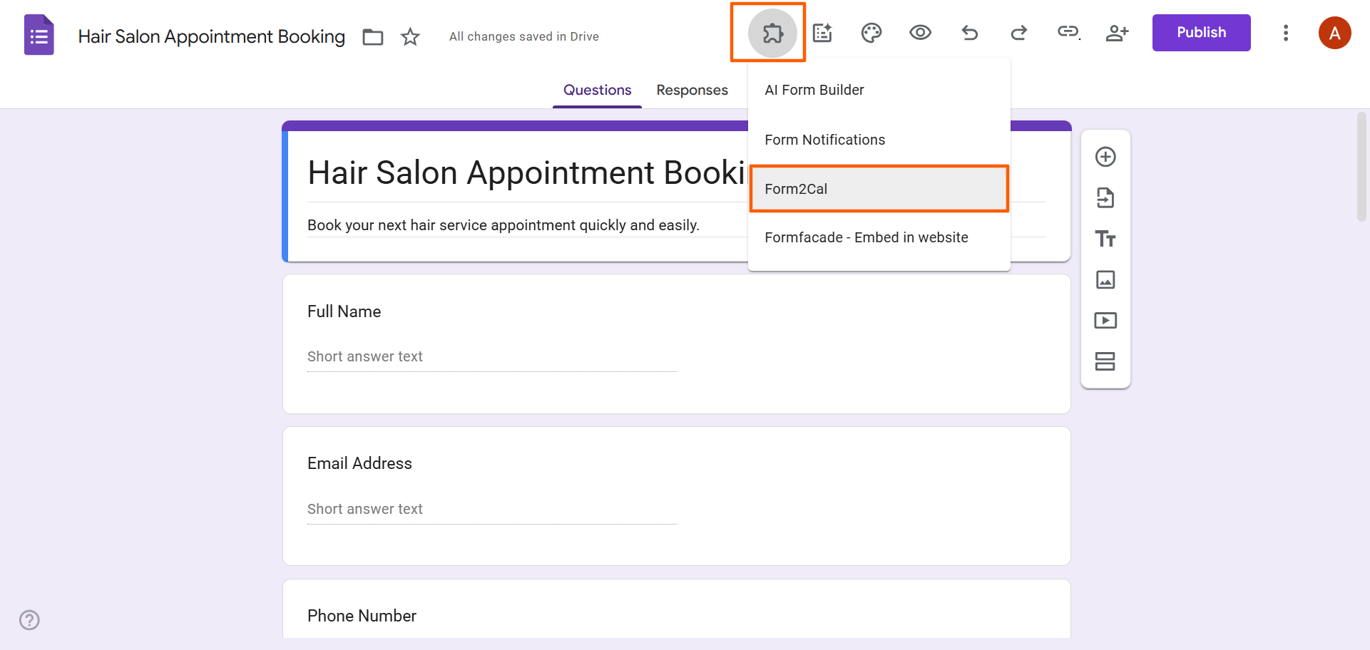 Google Forms interface showing the Form2Cal add-on in the Add-ons dropdown