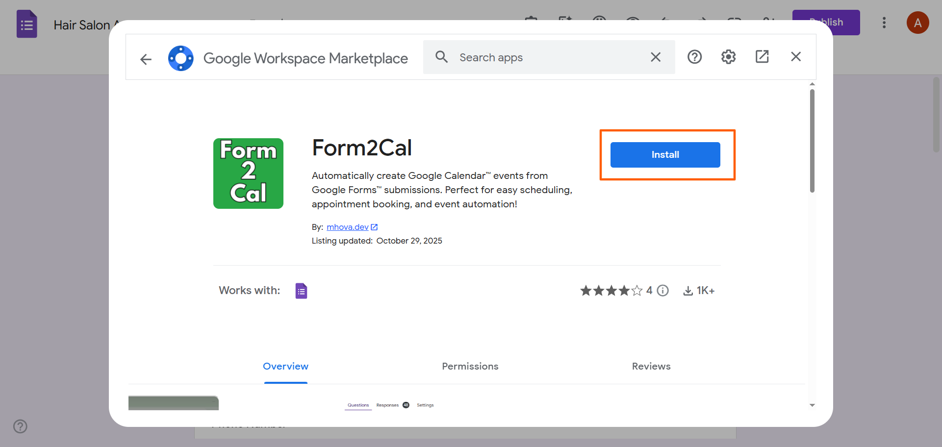 Google Workspace Marketplace with the "Install" button highlighted in the Form2Cal listing