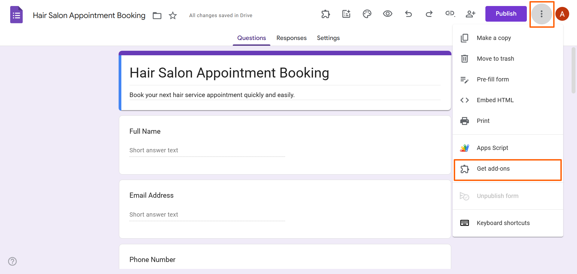 Google Forms interface showing the "Get add-ons" option