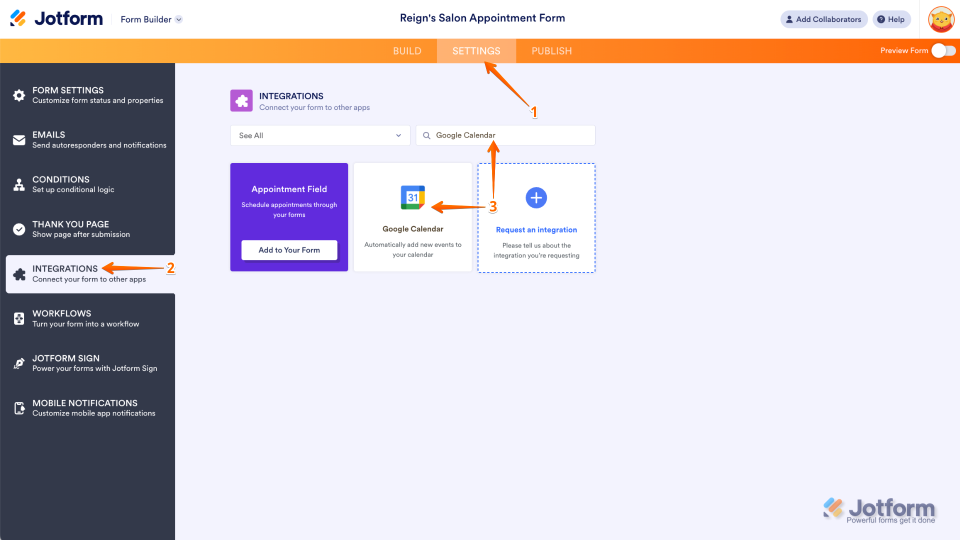 Jotform Form Builder interface with "Settings" selected from the navigation bar, "Integrations" clicked in the left-side menu, and "Google Calendar" entered in the search bar with the Google Calendar icon visible for selection