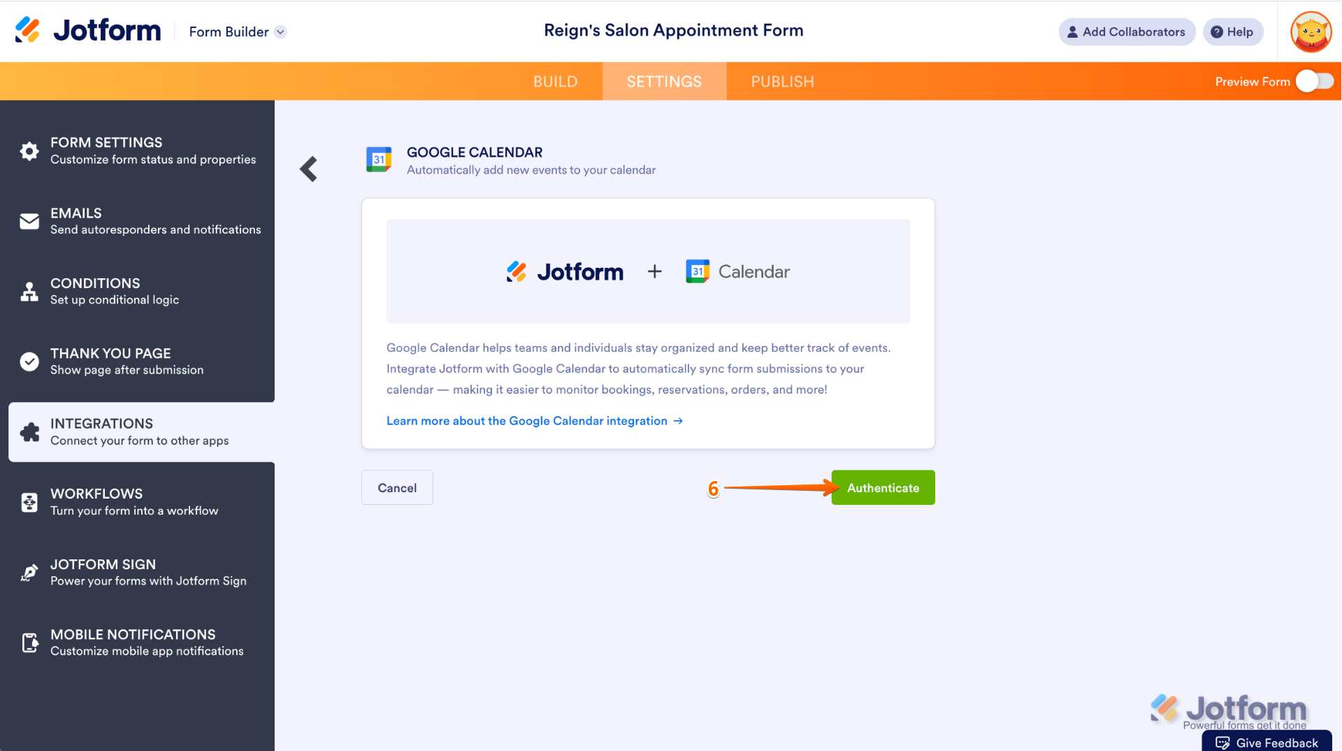 Jotform Google Calendar integration setup showing the "Authenticate" button highlighted, indicating the step to authorize and connect your Google account