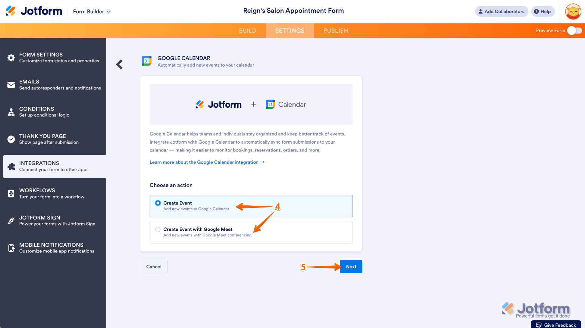 Jotform Google Calendar integration screen showing the options to select "Create Event" for adding calendar events or "Create an Event with Google Meet" for including video conferencing, with the "Next" button highlighted to proceed