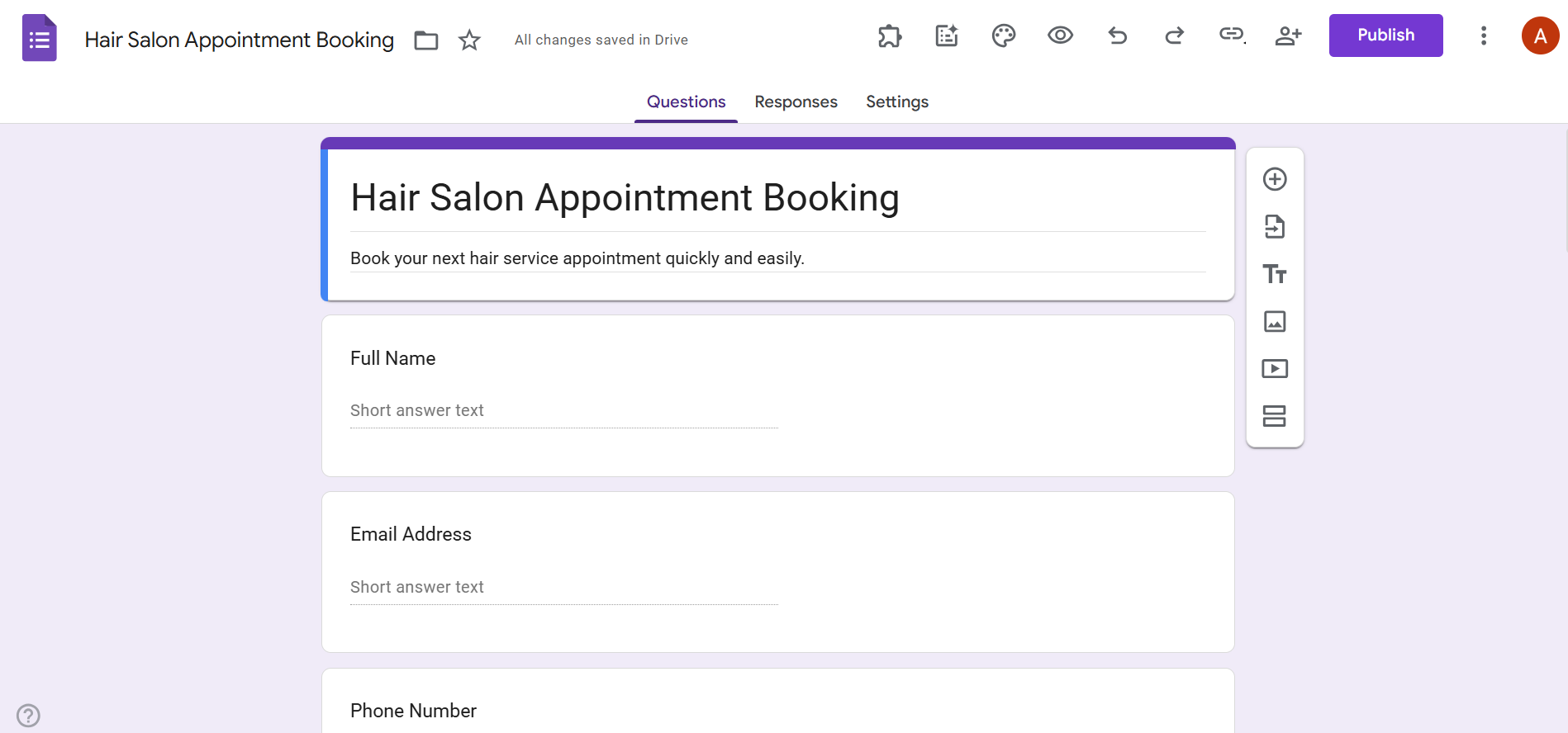 Google Forms interface showing an example Hair Salon Appointment Booking form