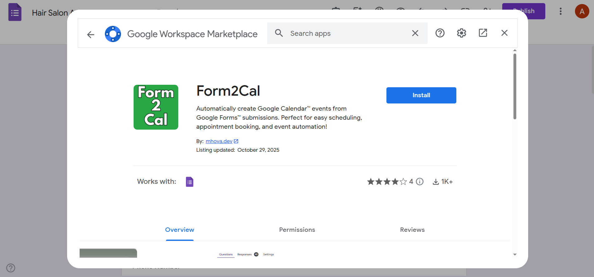 Google Workspace Marketplace showing the Form2Cal listing