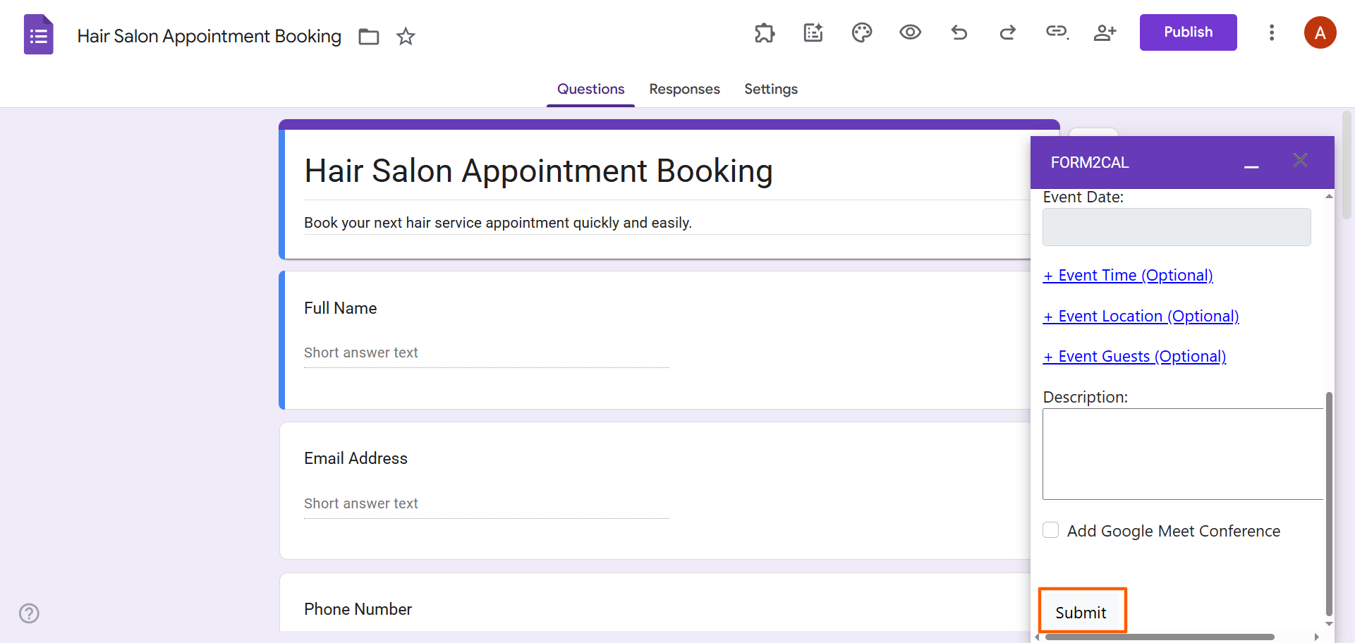 Google Forms interface showing the Form2Cal menu