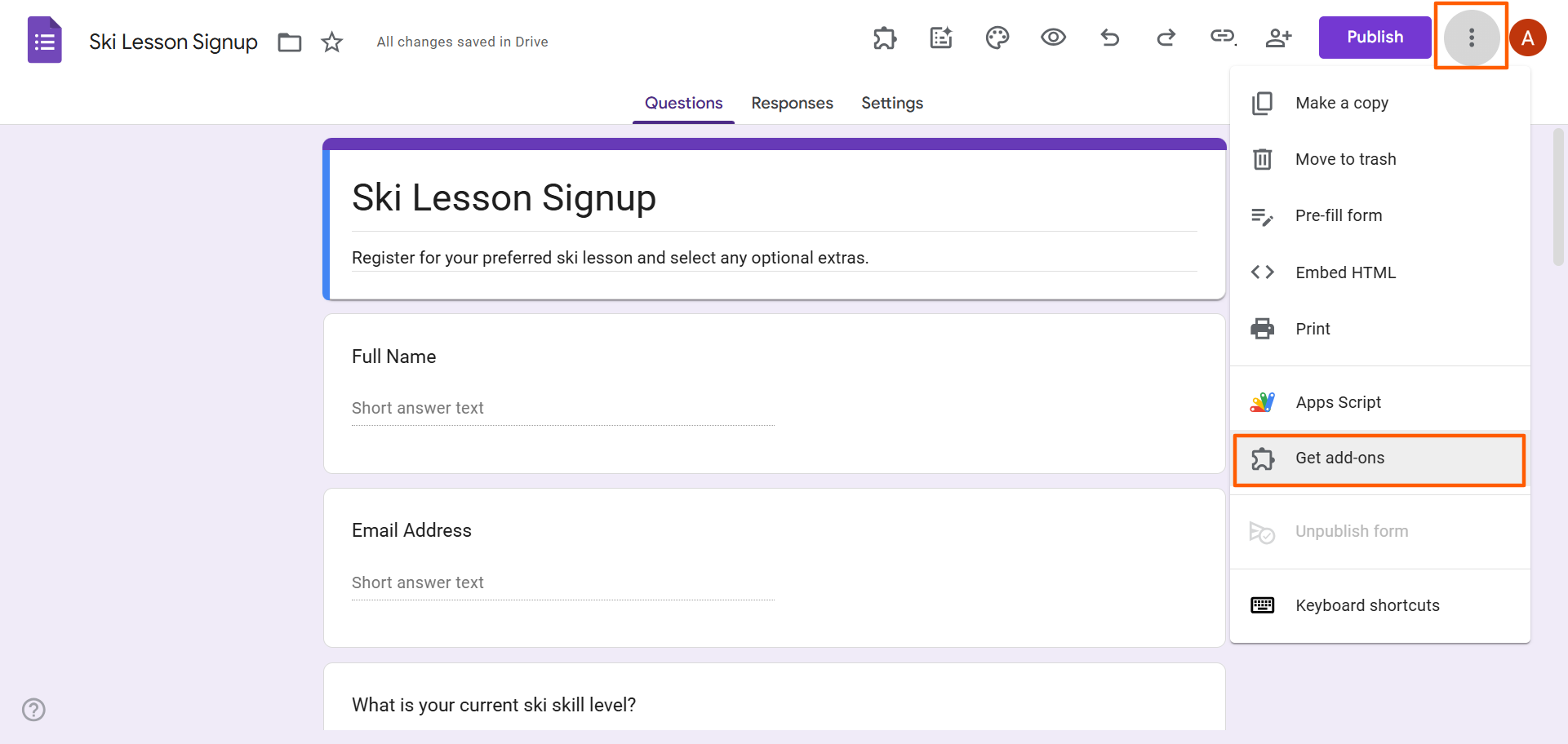 Google Forms interface showing the "Get add-ons" option