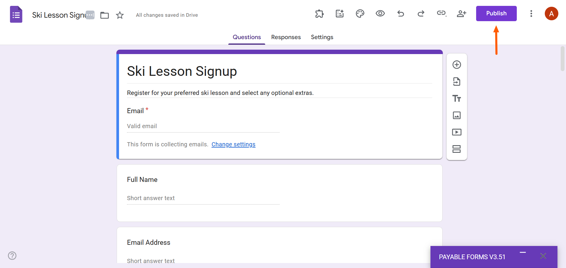 Google Forms interface with the "Publish" button highlighted