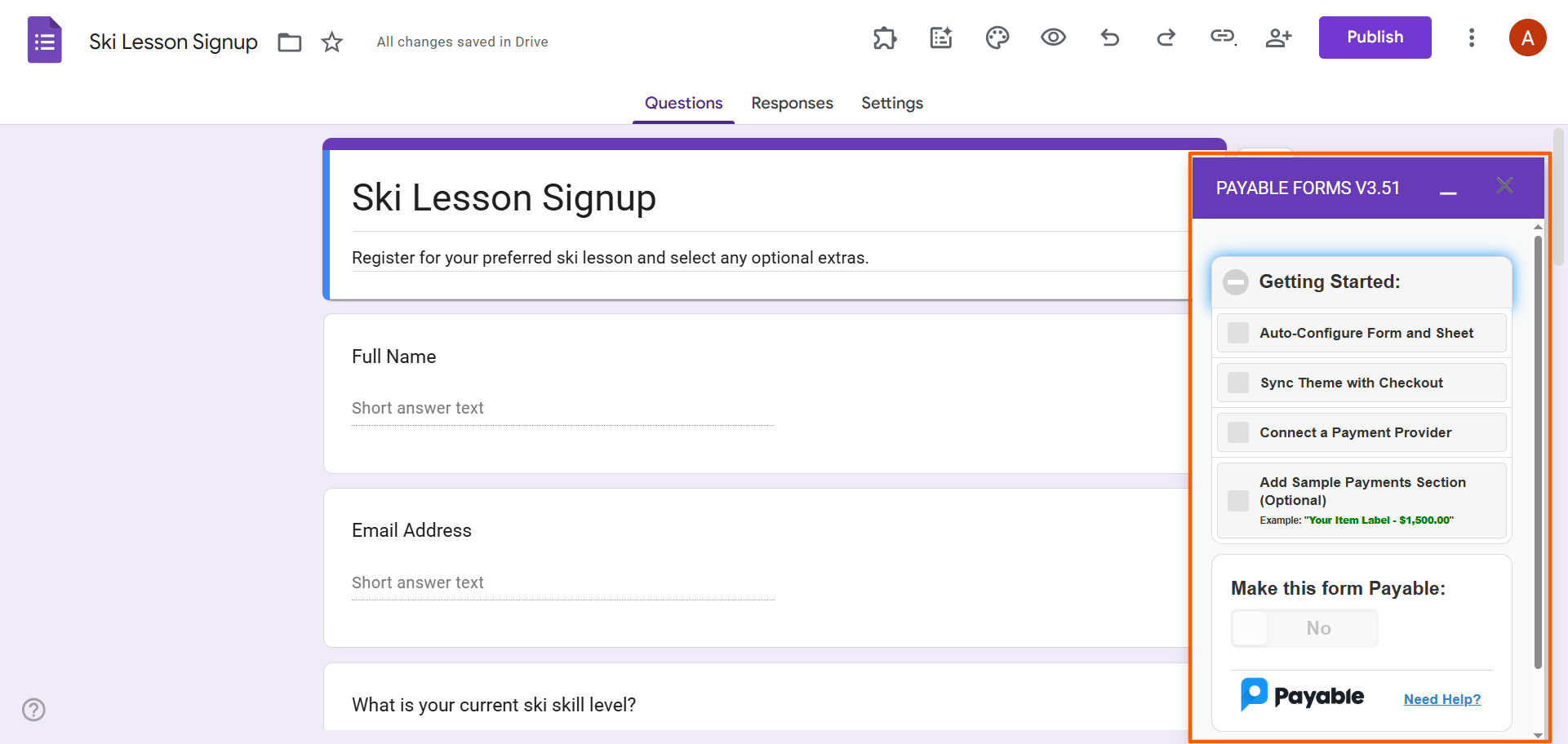 Google Forms interface showing the Payable Forms "Getting Started" pop-up