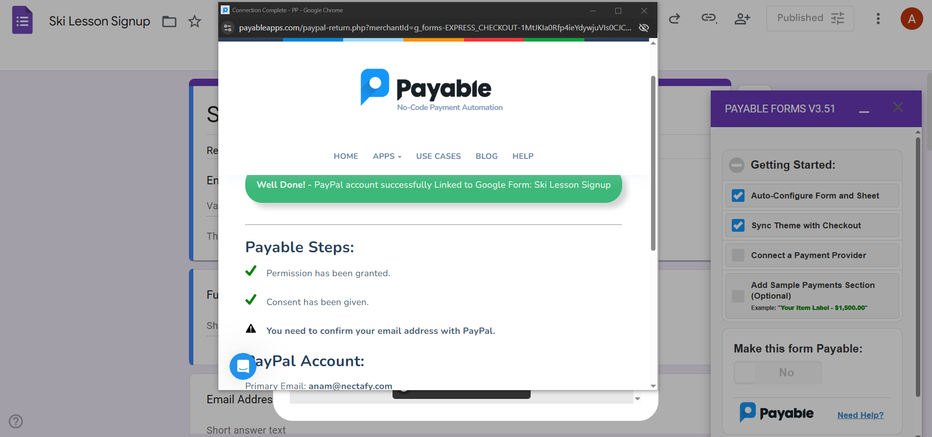 Google Forms interface showing the Payable Forms pop-up confirming that a payment provider account has been successfully linked to the Google Form