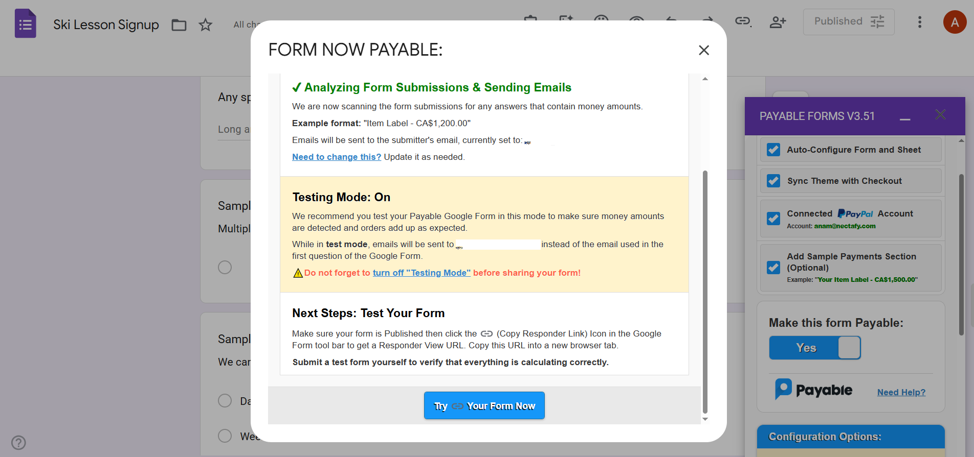 Google Forms interface showing the Payable Forms pop-up confirming that the Google Form is now payable