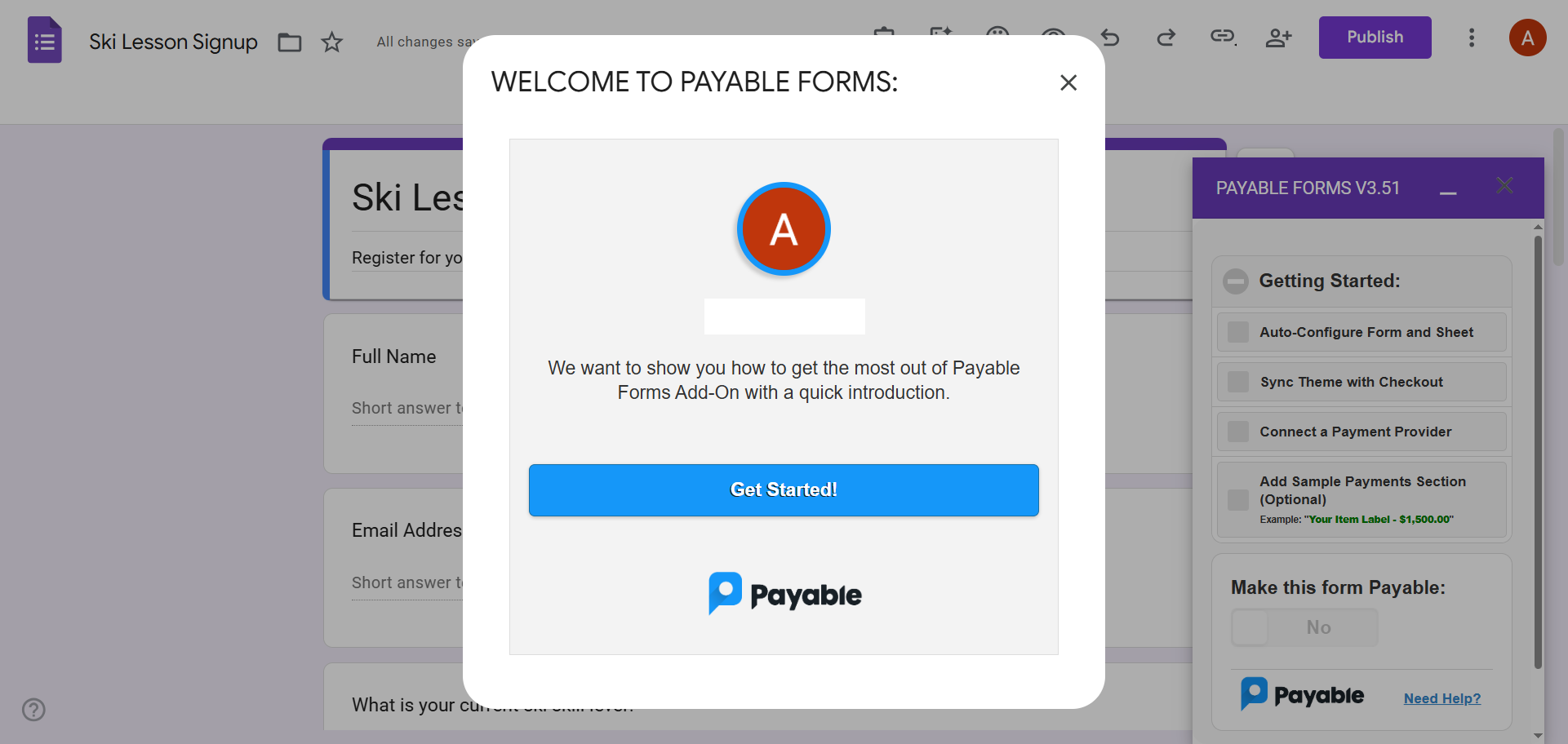 Google Forms interface showing the Payable Forms "Get Started" pop-up