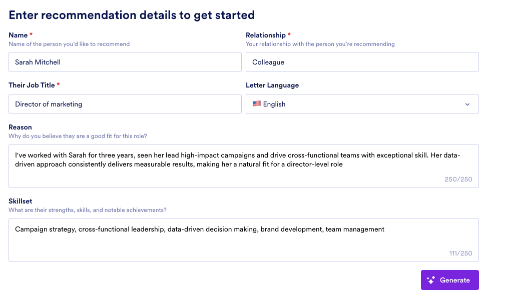 Jotform AI Recommendation Letter Generator showing the fields to complete before generating
