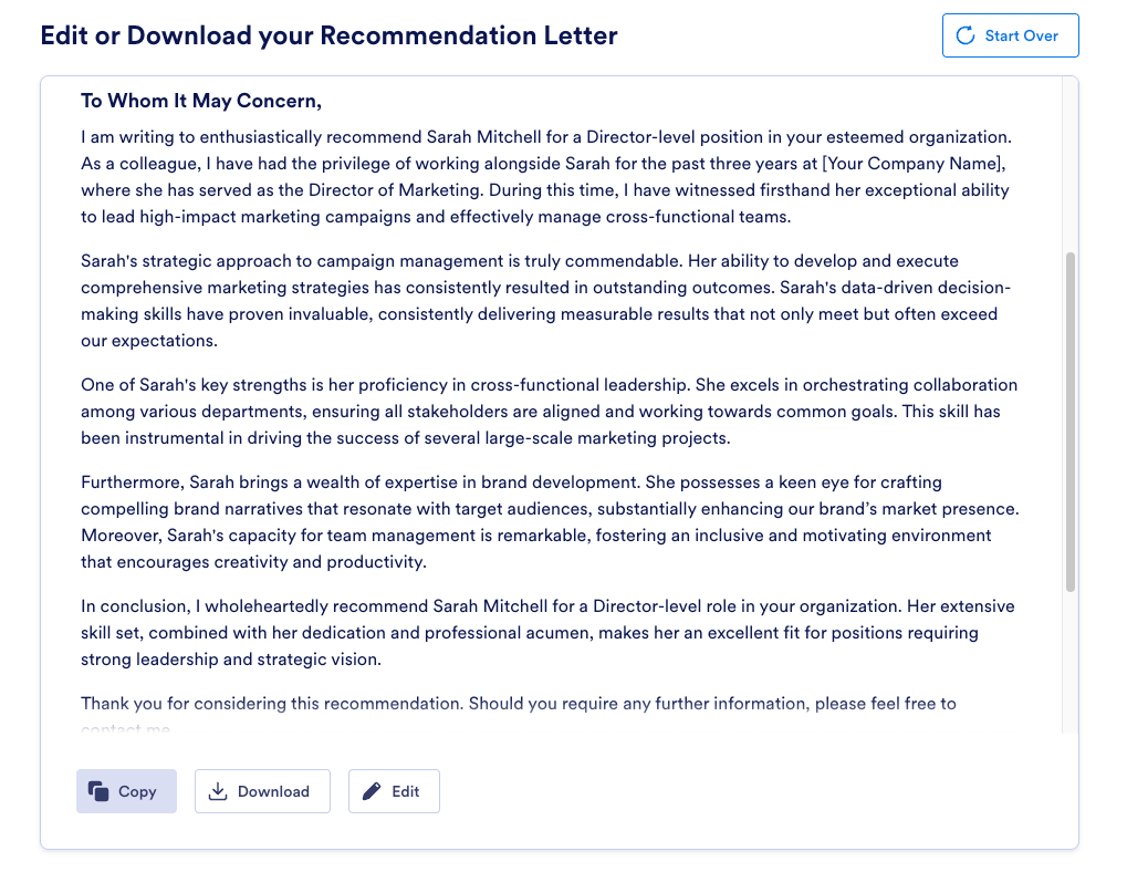 Jotform AI Recommendation Letter Generator showing the generated reference letter