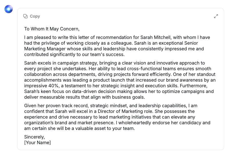 HyperWrite's generated letter of recommendation