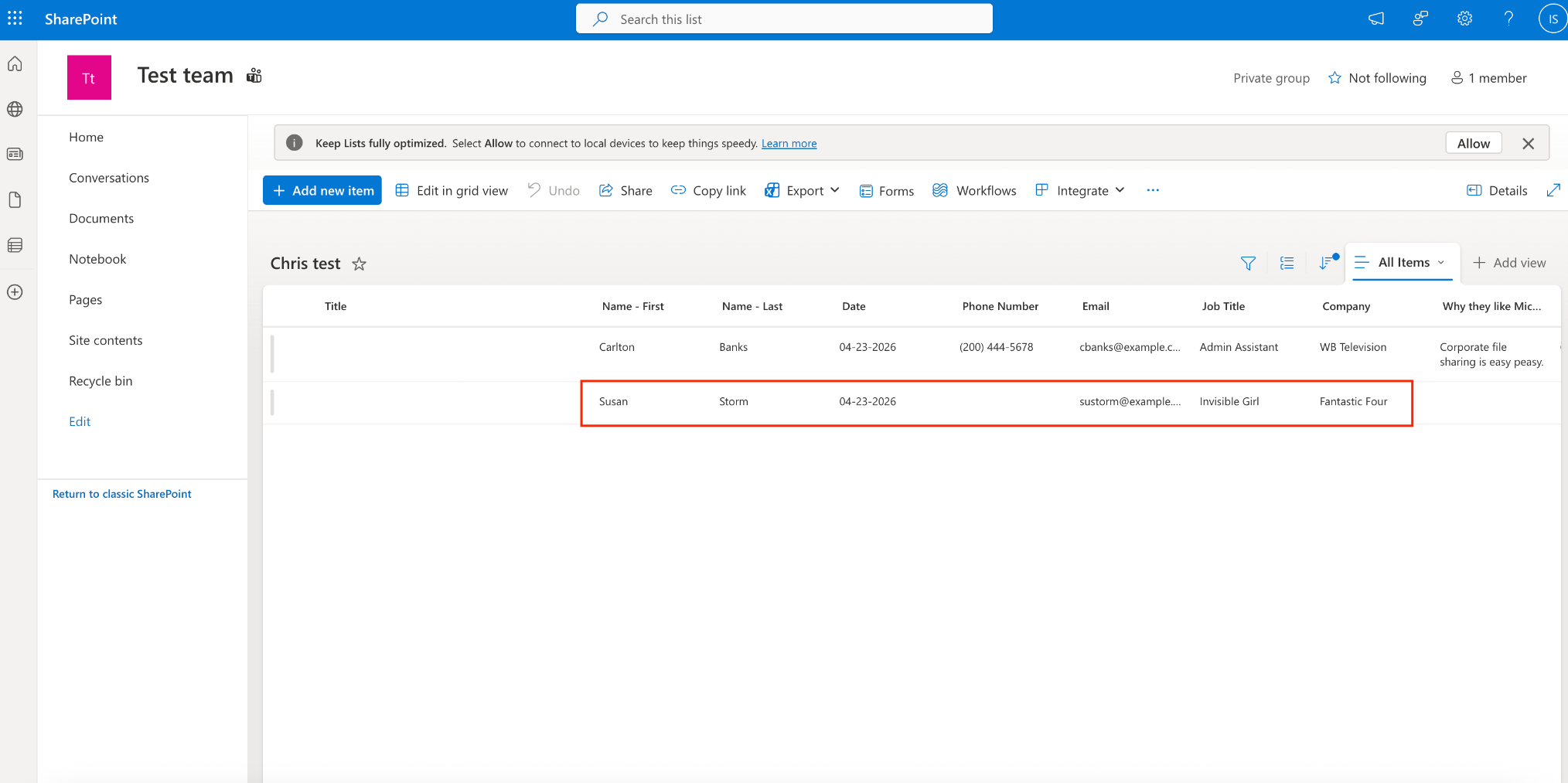 Viewing the added entries inside Sharepoint