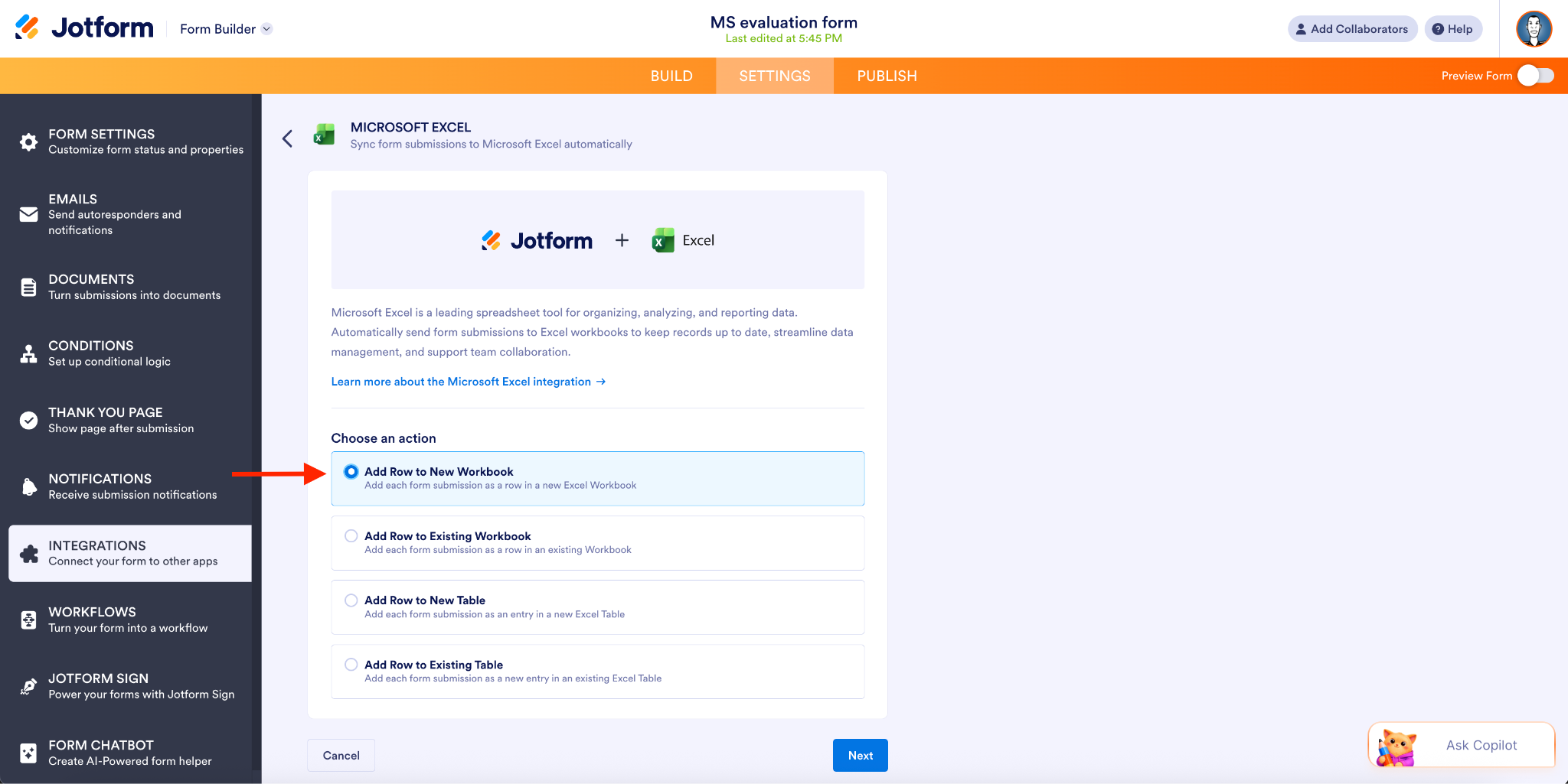 Clicking on the Add Row to New Workbook option under the Microsoft Excel Integration page