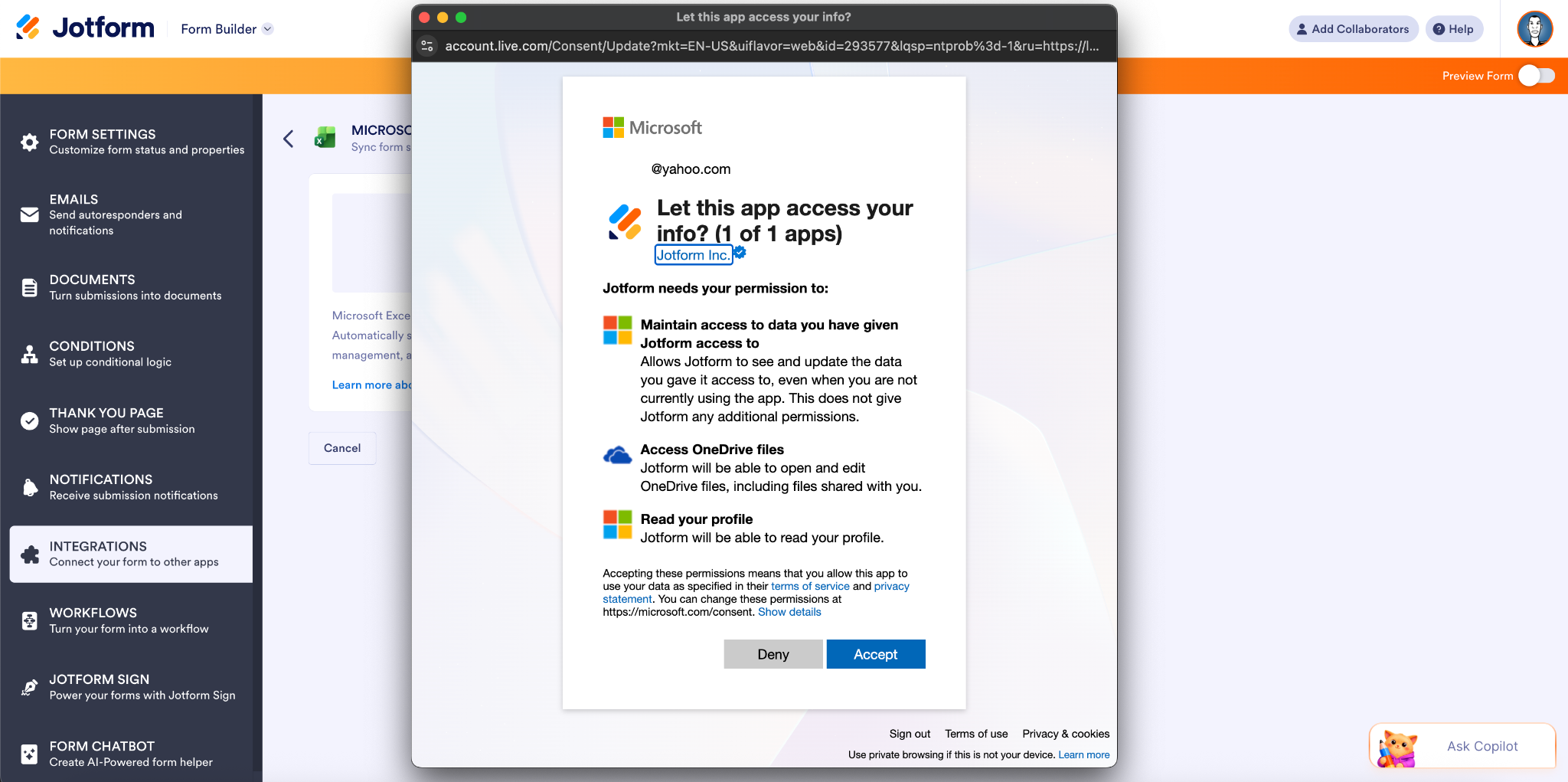 Authenticating Microsoft Account to connect Microsoft Excel to Jotform Form Builder