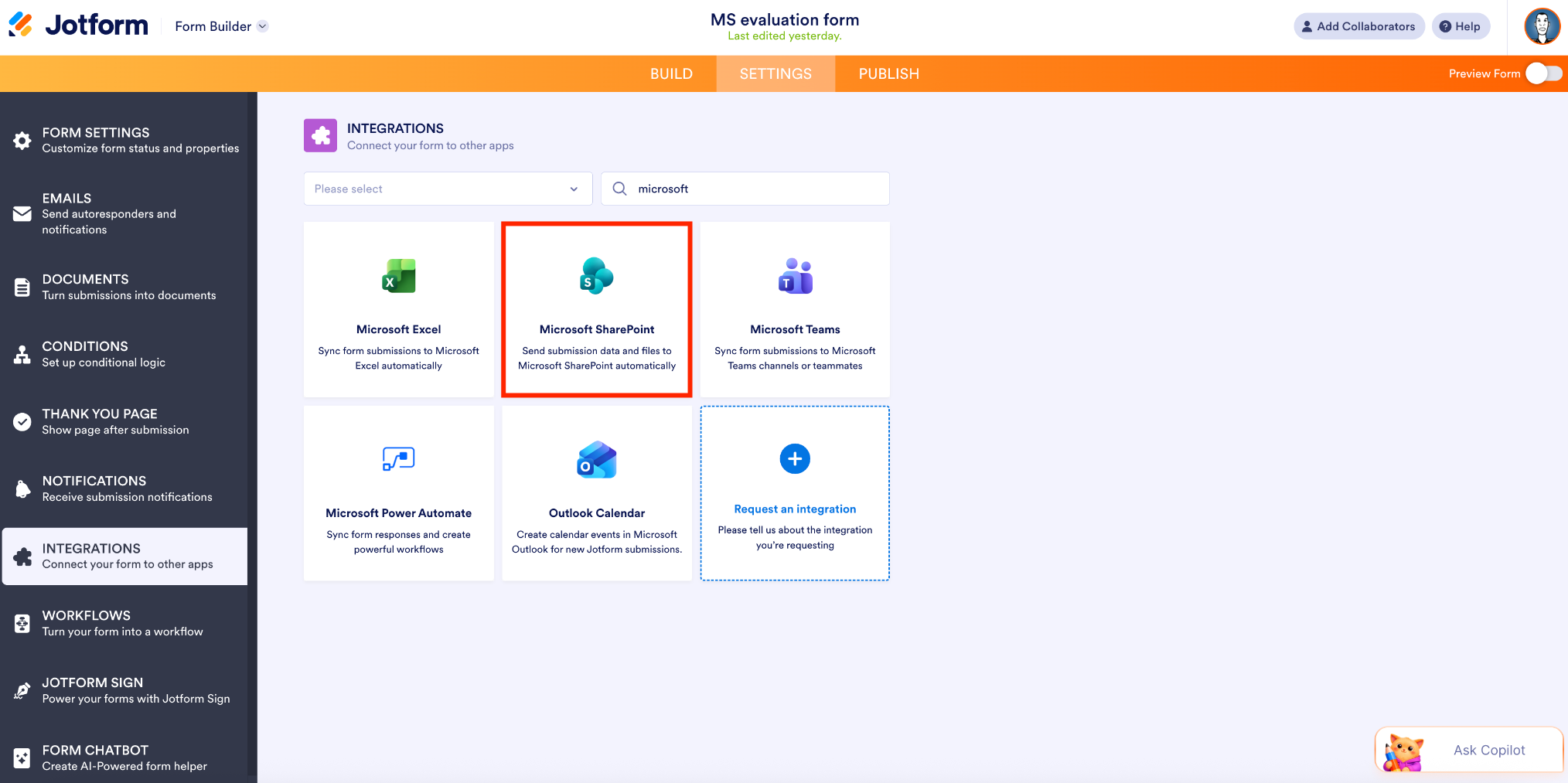 Selecting the Microsoft Sharepoint option under the Integrations page on Jotform Form Builder