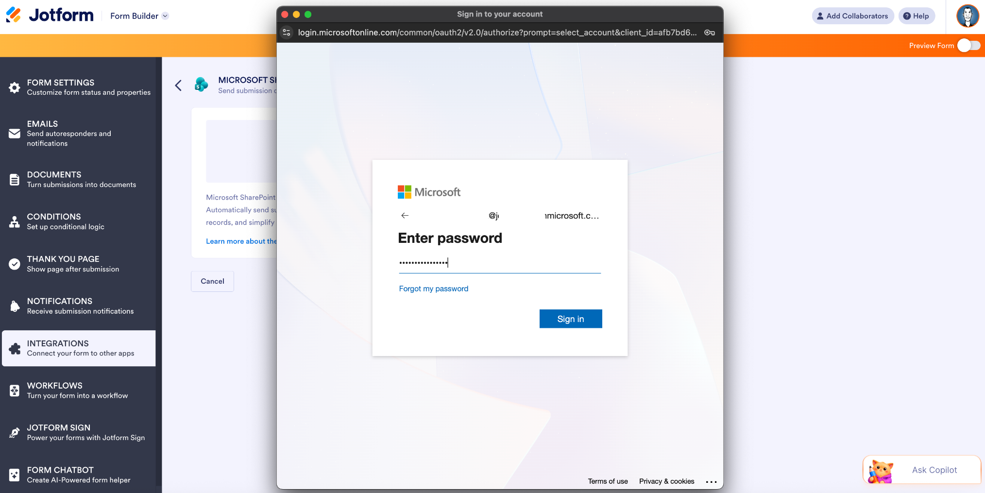 Authenticating Microsoft Account inside Jotform Form Builder