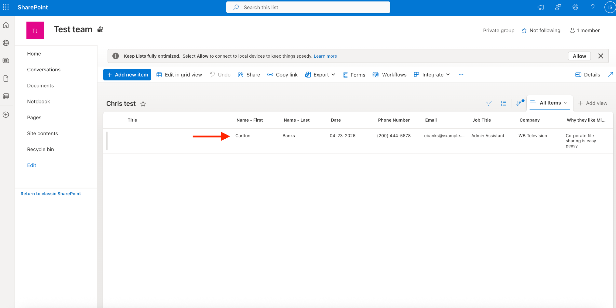 Viewing the submission added to the new Sharepoint list
