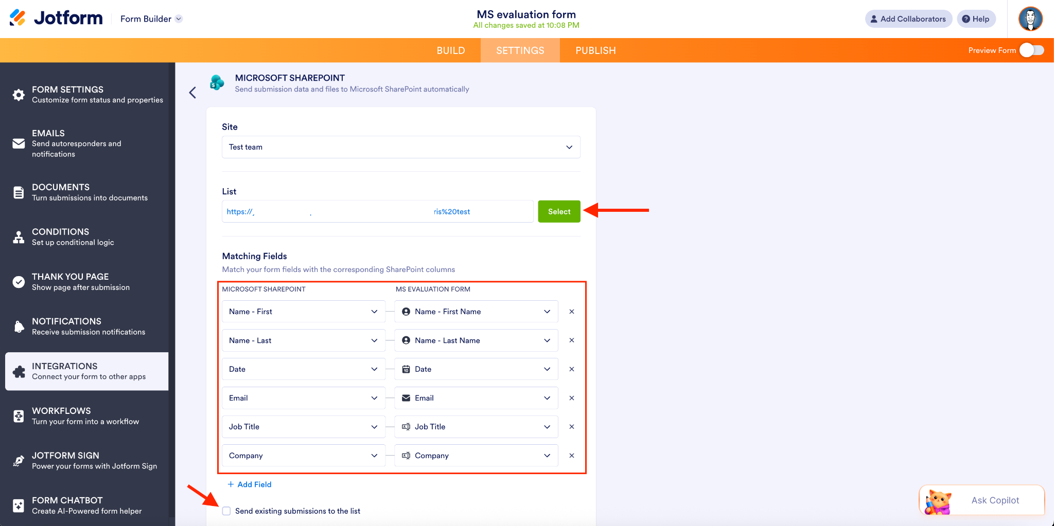 Matching Sharepoint columns to the form fields