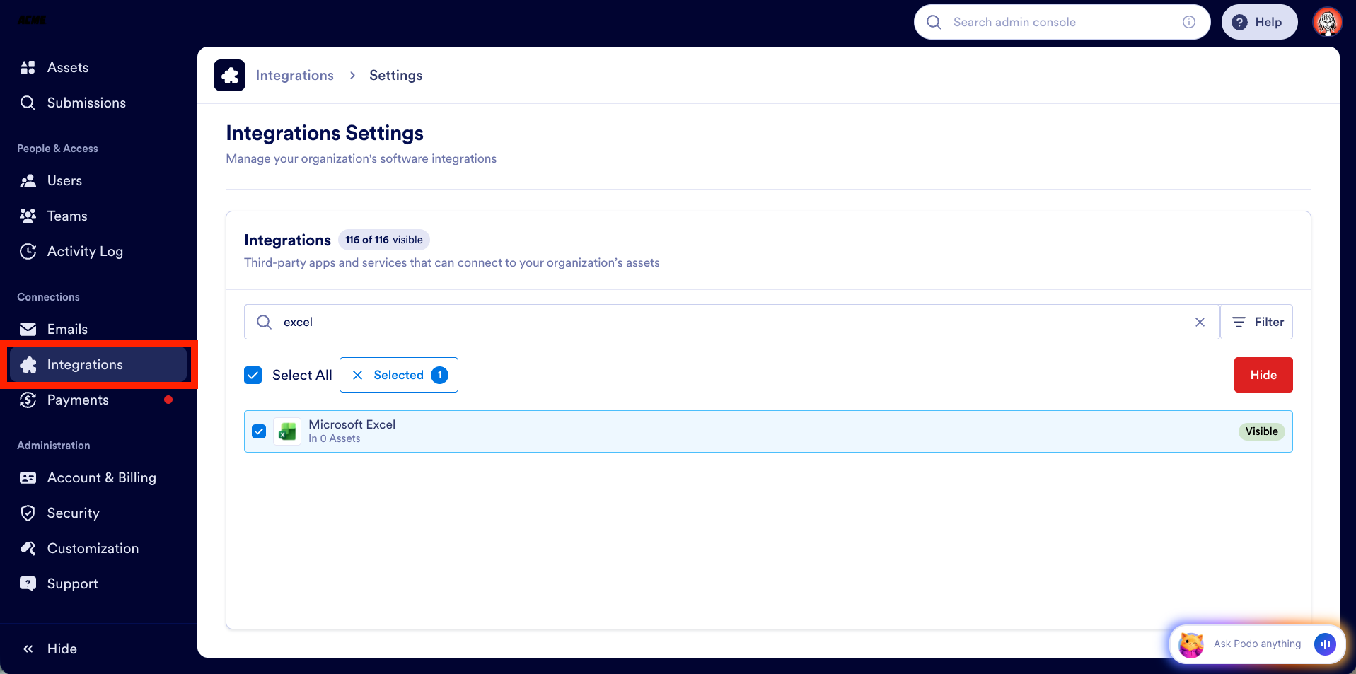 Selecting the Integrations option on the Admin Console
