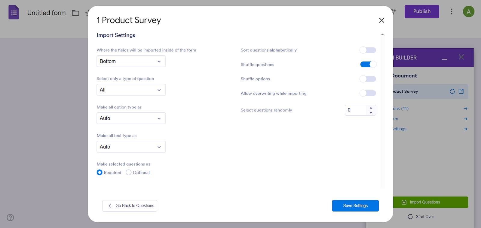 AI Form Builder Import Settings menu