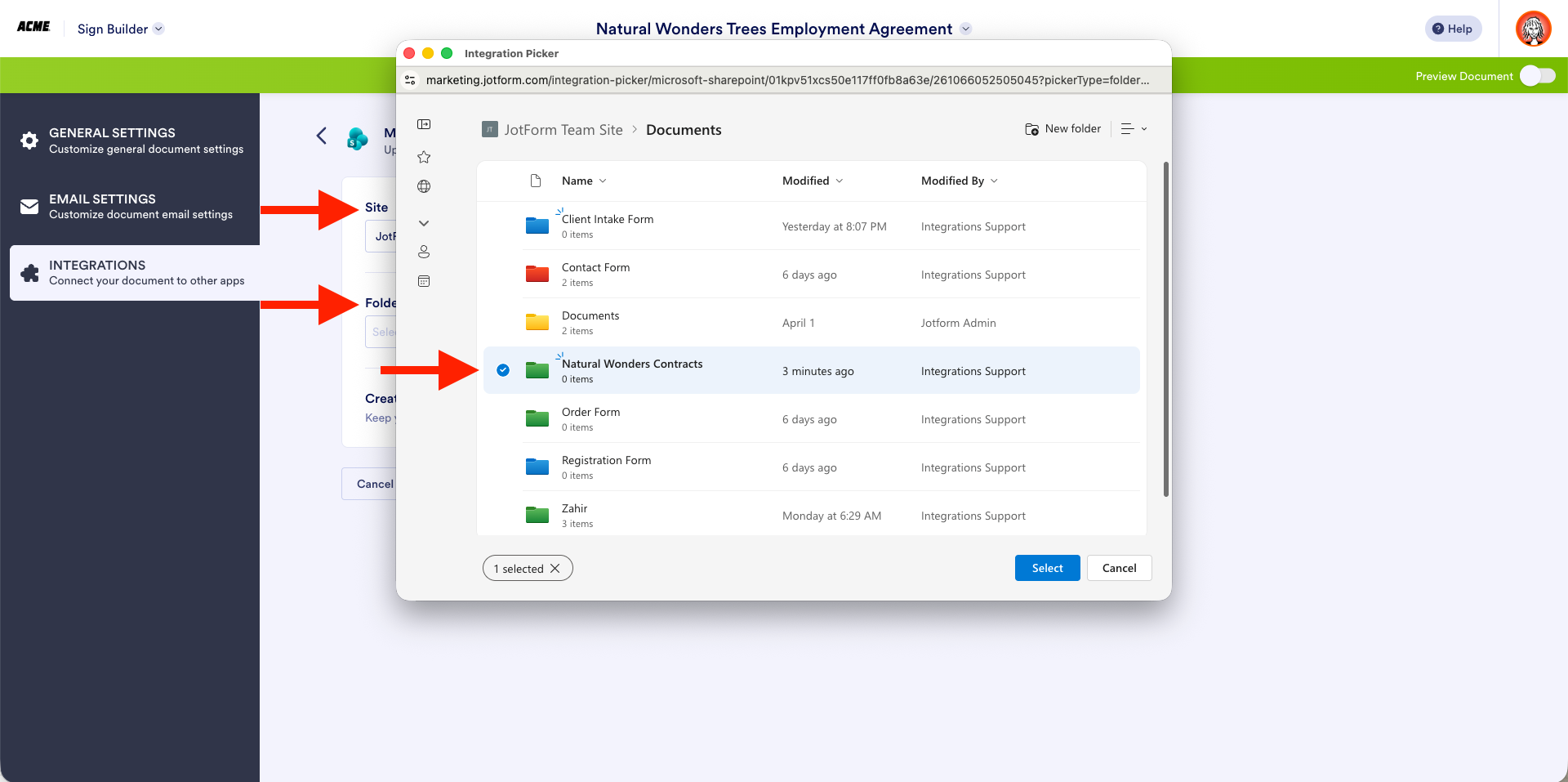 Selecting the Folder to send files inside Jotform Sign Builder