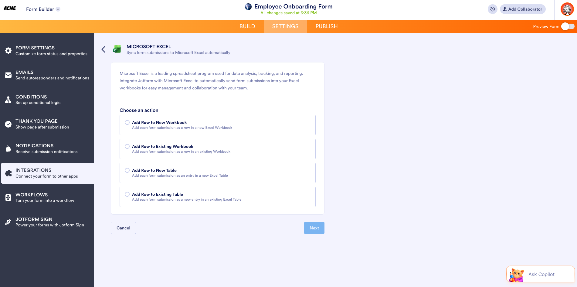 Viewing the Actions under the Microsoft Excel Integration page