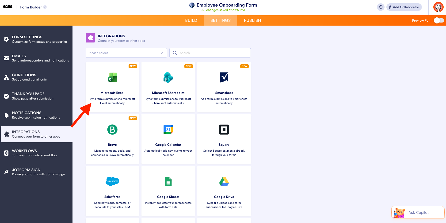 Selecting the Microsoft Excel integration under the Integrations listing on Jotform Form Builder