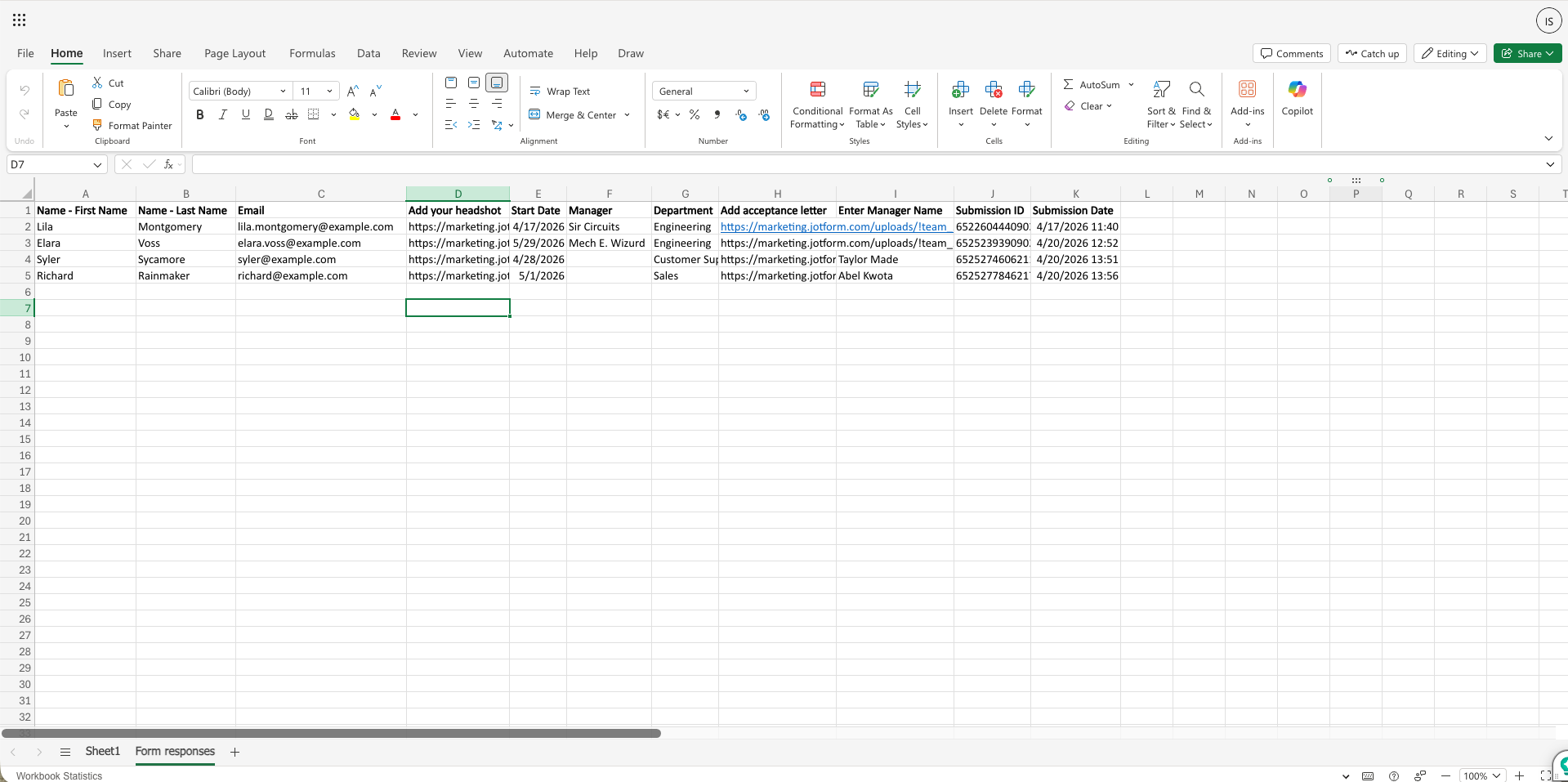 Viewing a sample dataset in a Excel worksheet
