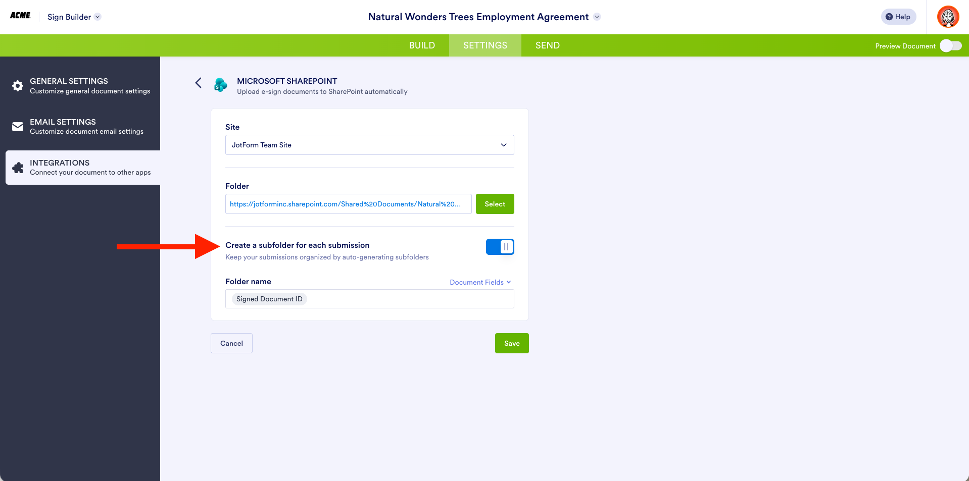 Selecting Signed Document ID as a folder name and clicking on Save