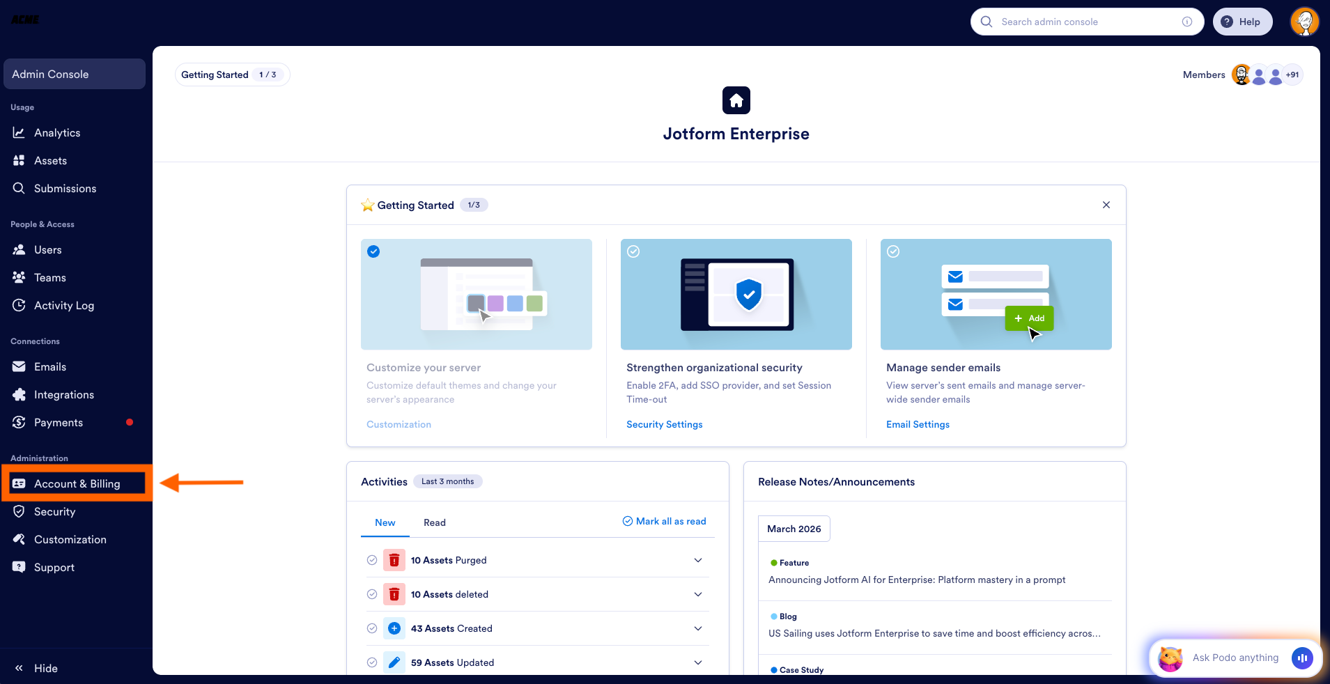 Selecting the Account & Billing option from the Admin Console