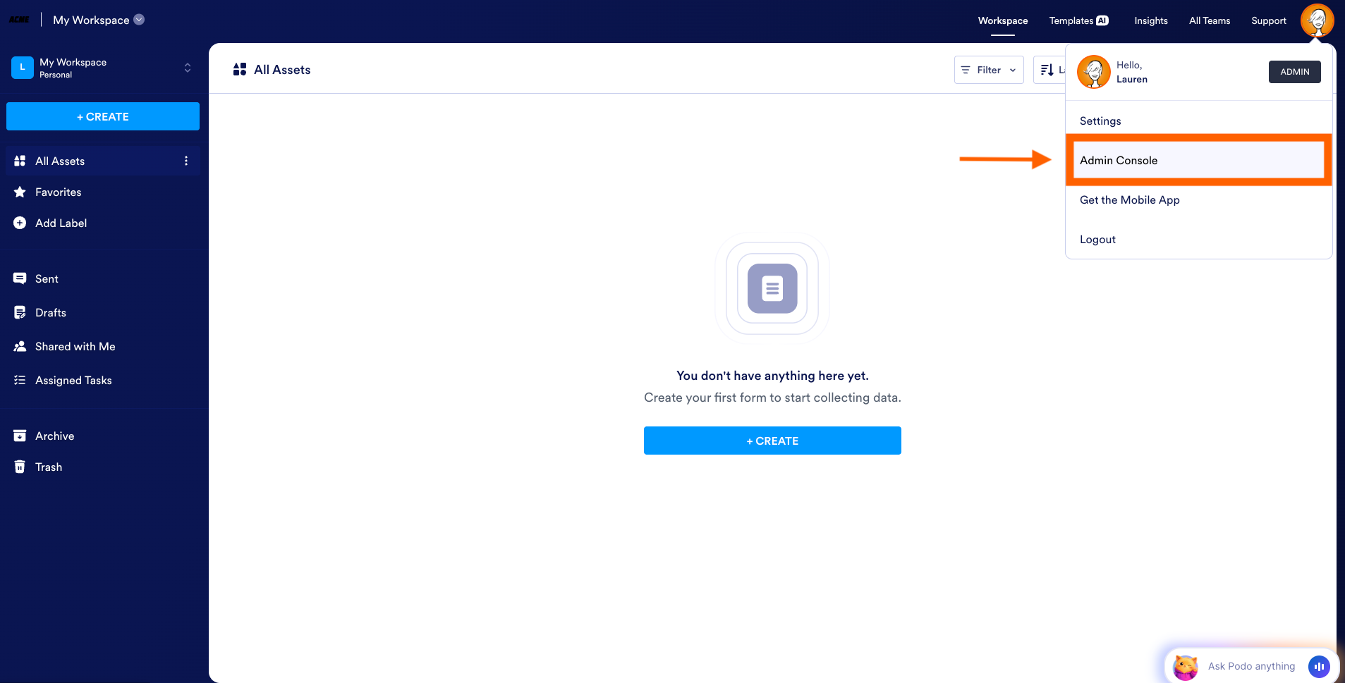 Selecting the Admin Console option from the dropdown menu