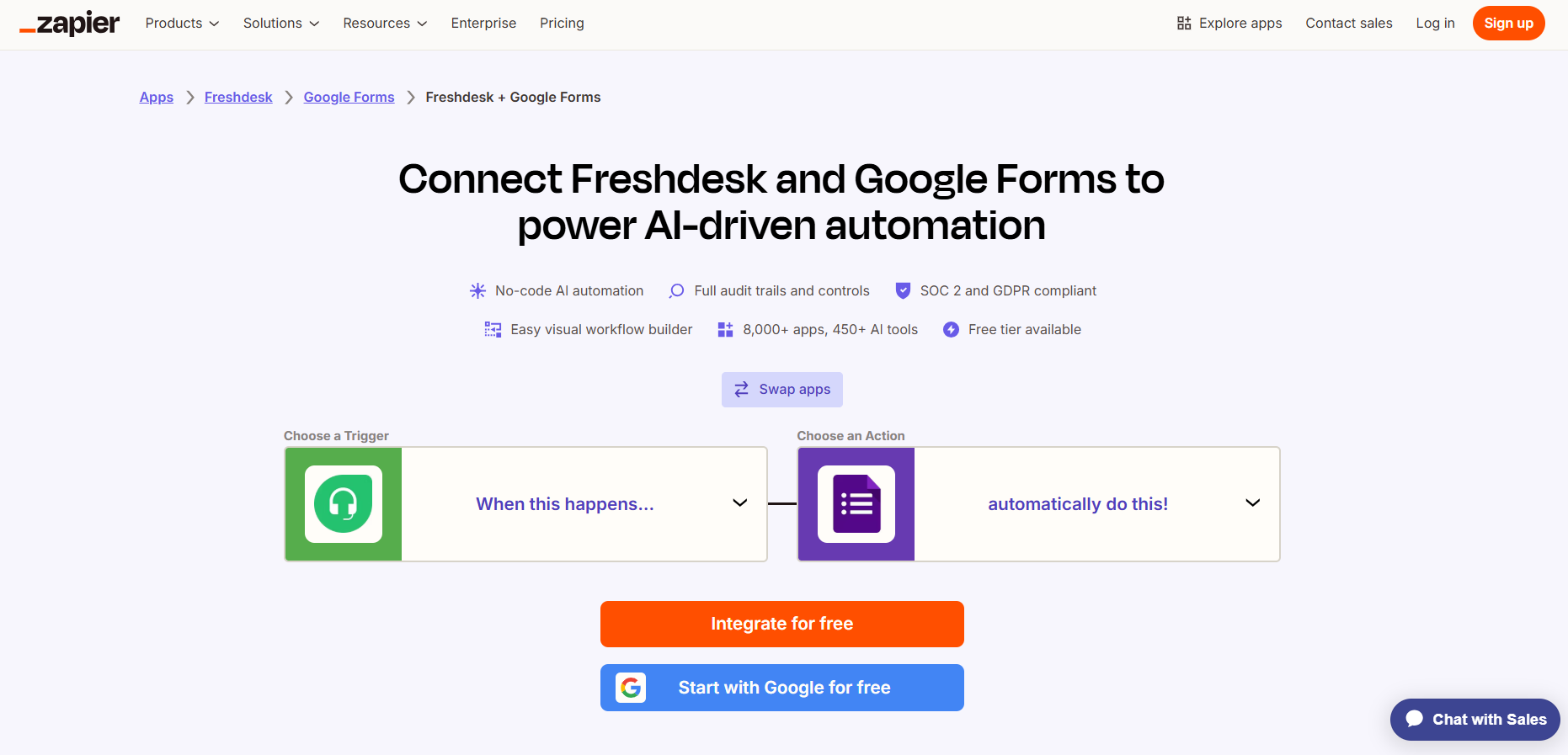 Zapier website showing the landing page for the Freshdesk and Google Forms integration