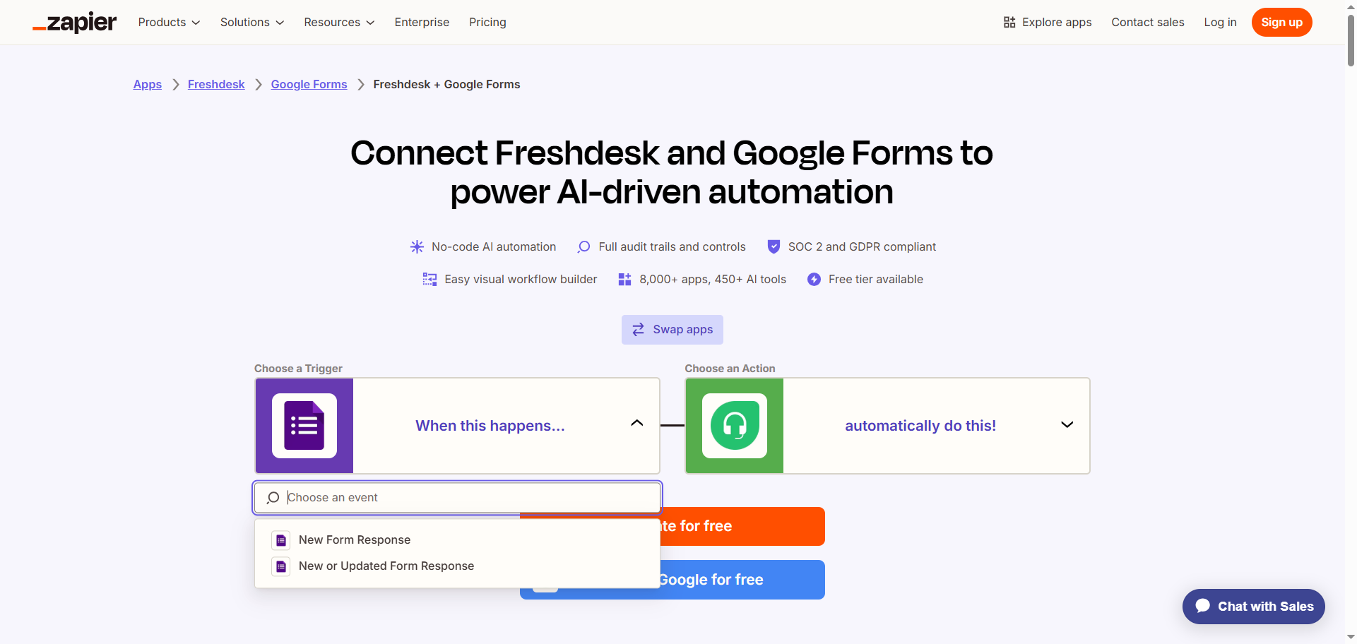 Zapier landing page for the Freshdesk and Google Forms integration showing the dropdown menu for the trigger event