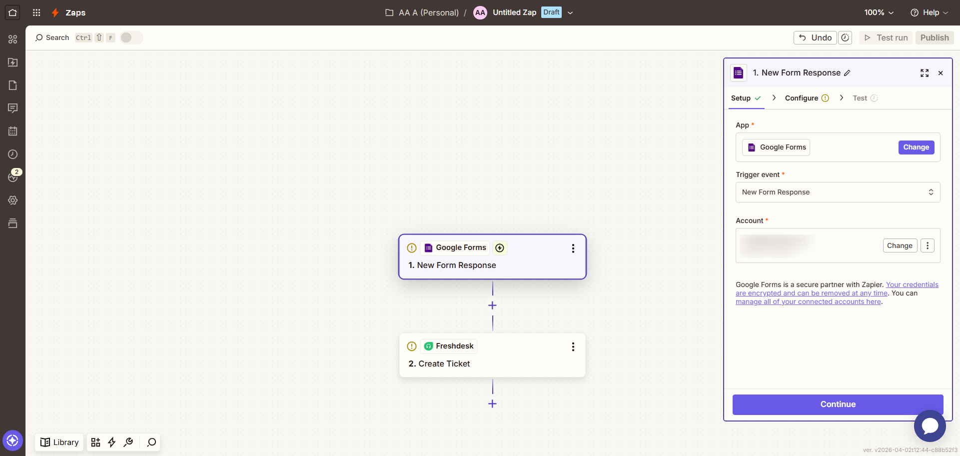 Zapier interface showing the Google Forms-Freshdesk Zap flow